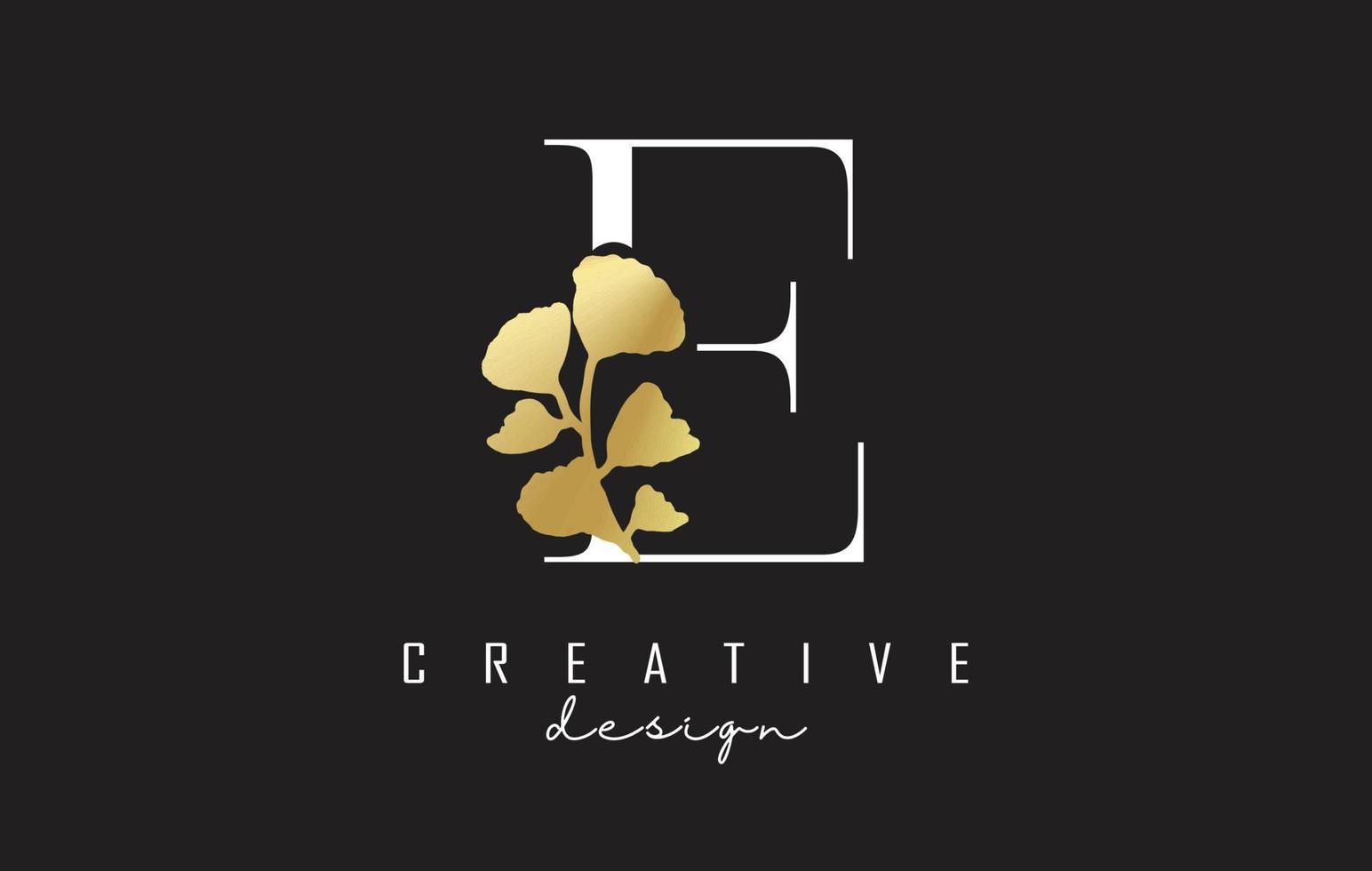 Creative white E Letter logo design with golden leaves. Vector Illustration with with Botanical elements. Nature vector template design concept with E letter.