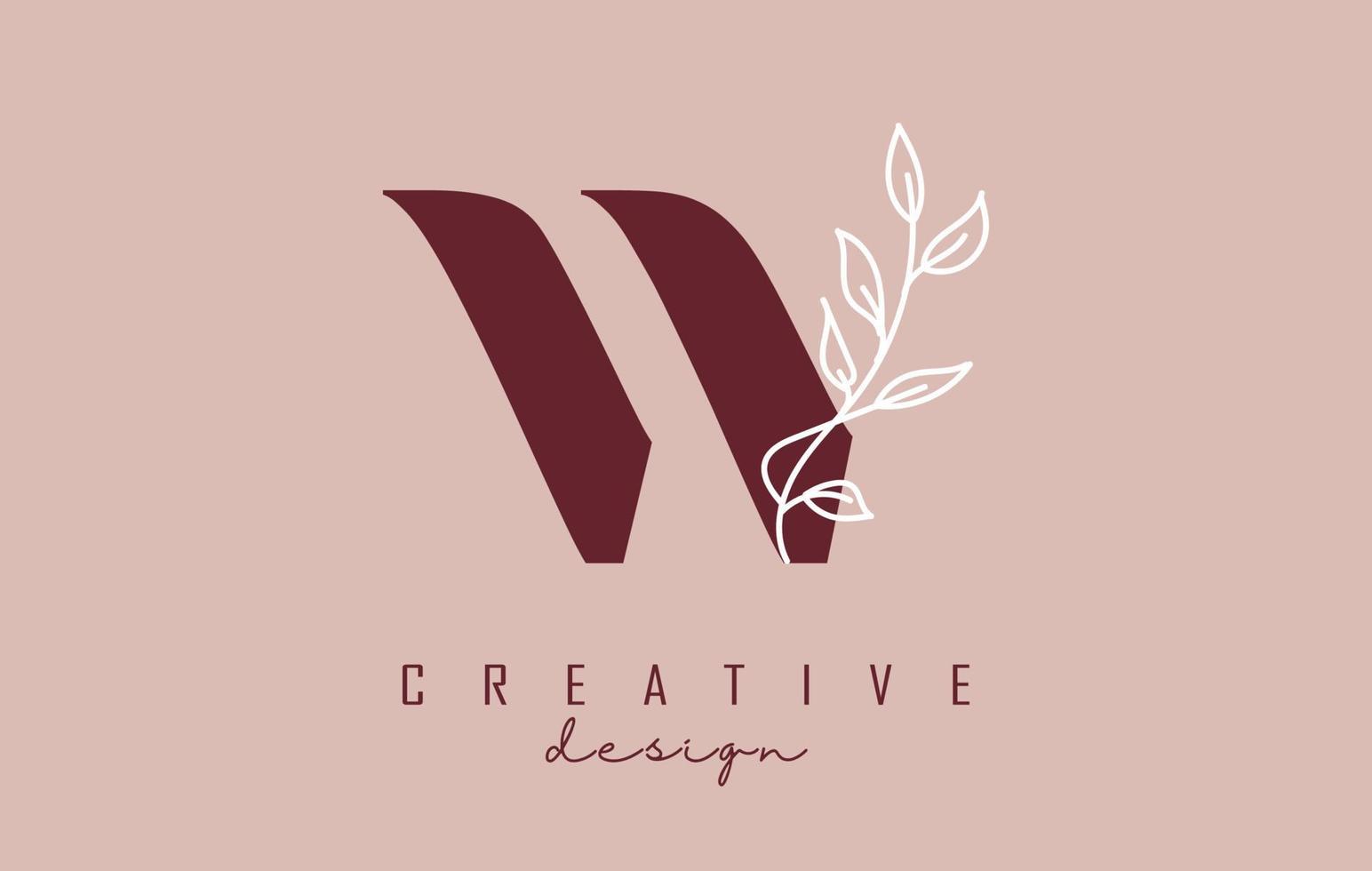 Red W letter logo design with white leaves branch vector illustration.