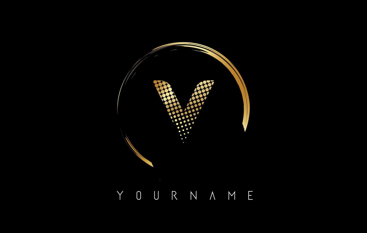 Golden V letter logo design with golden dots and circle frame on black background. vector