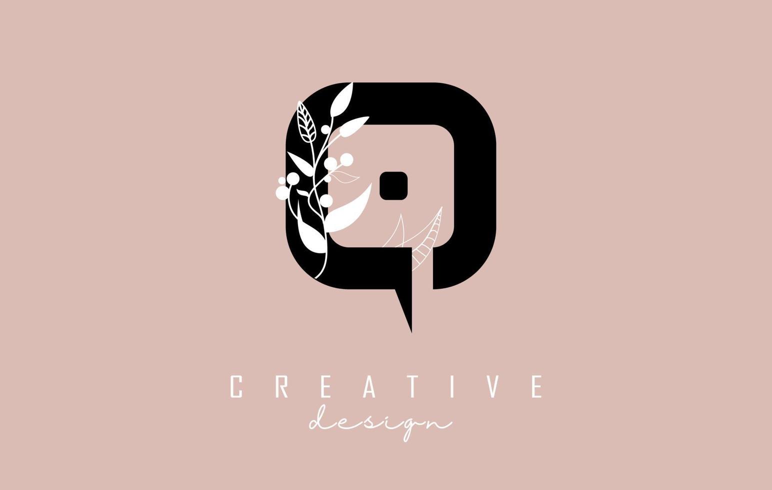 Q Black Letter Logo with white leaves, leaf, branch design. Creative and elegant vector illustration with letter Q.