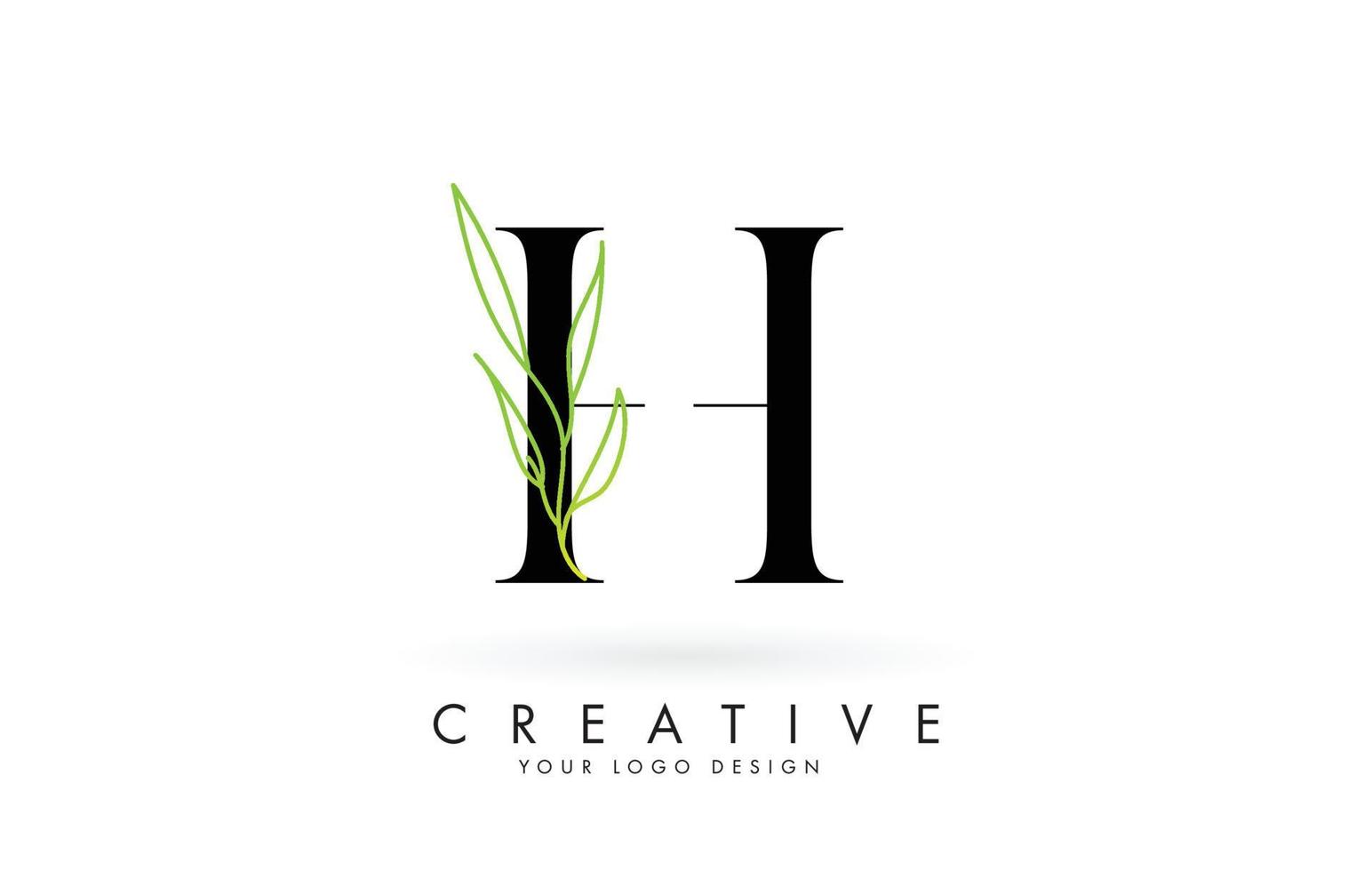 Elegant H letter logo design with long leaves branch vector illustration.