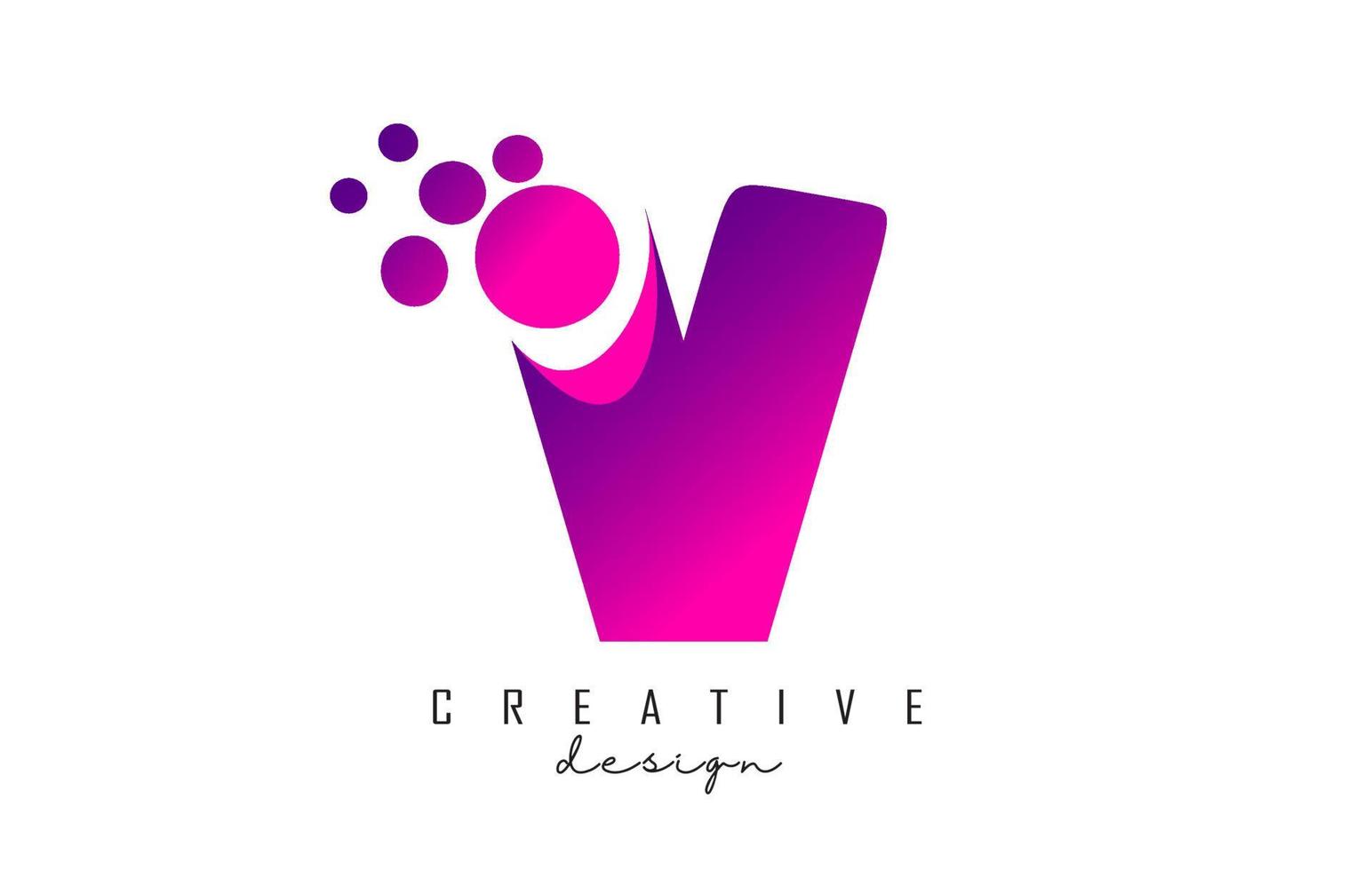 Logotipo de letra V puntos con burbujas de color rosa púrpuras ilustración vectorial. vector