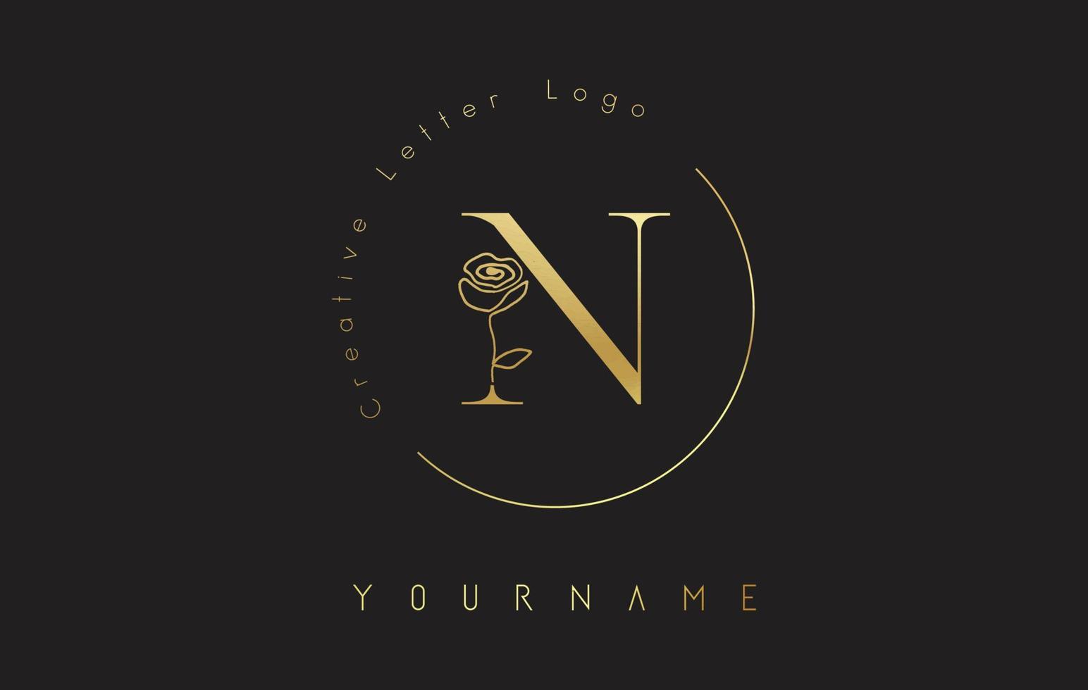 Golden Creative initial letter N logo with lettering circle and hand drawn rose. Floral element and elegant letter N. vector