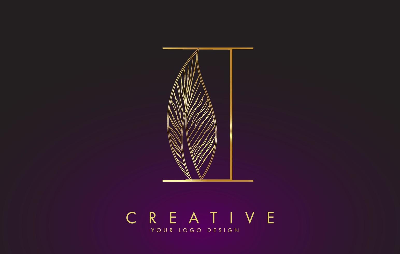 Outline Golden Letter I Logo icon with Wired Leaf Concept Design. vector