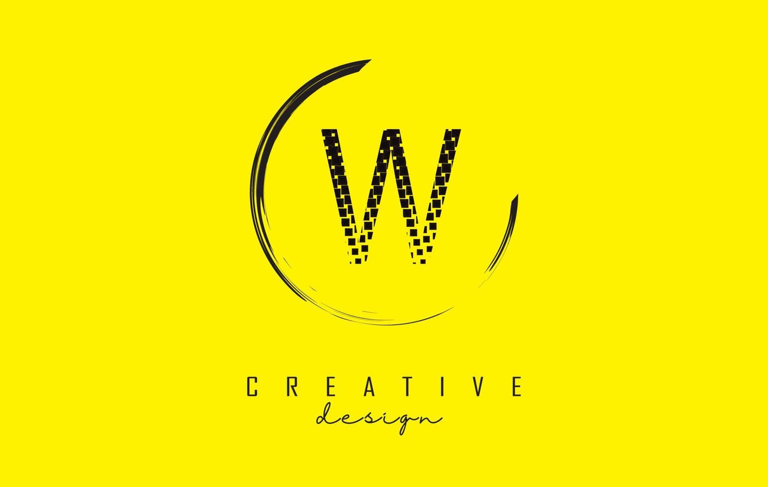 W letter logo design with black squares and circle frame on bright yellow background. vector