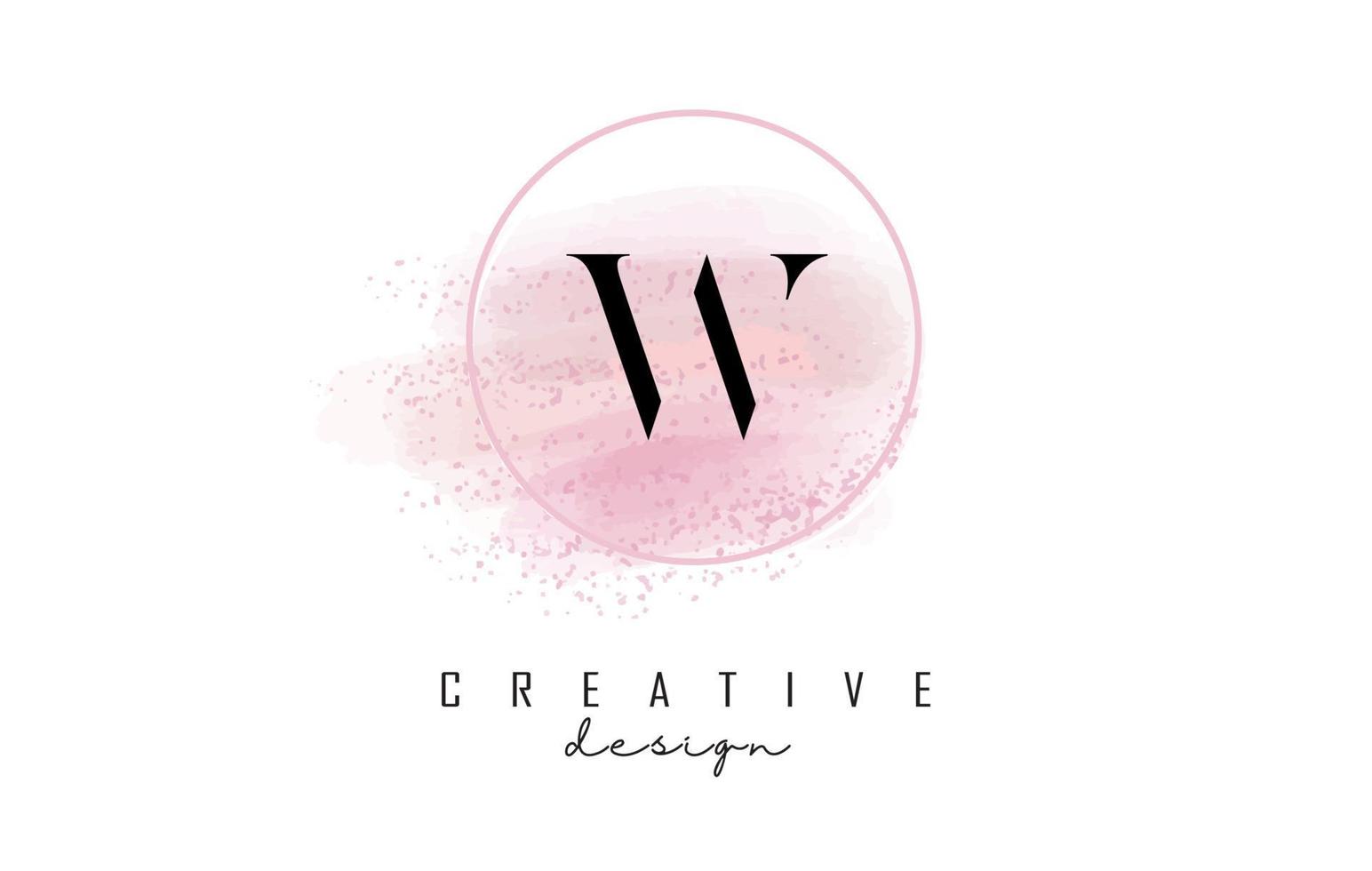 W letter logo design with glittery round frame and pink watercolor background. vector