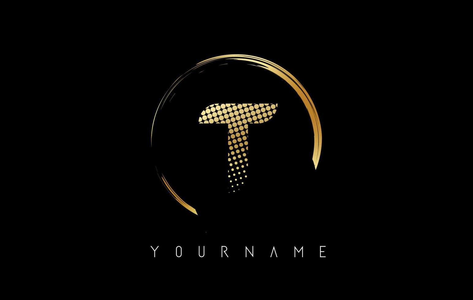 Golden T letter logo design with golden dots and circle frame on black background. vector