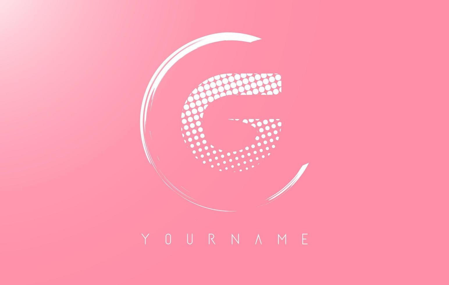 White G letter logo design with white dots and white circle frame on pink background. vector