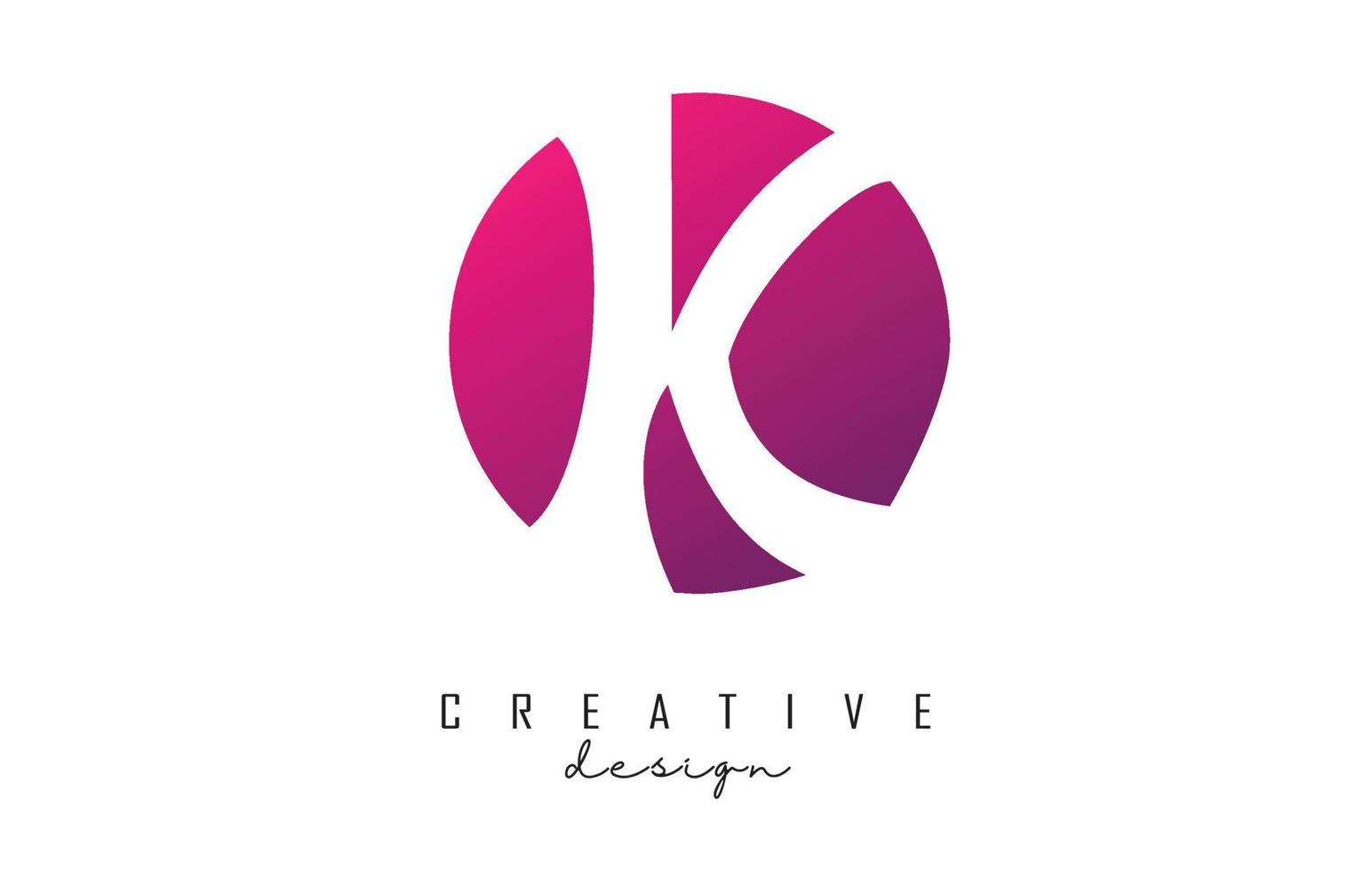 Logotipo k escrito a mano en un círculo degradado rosa con corte creativo. vector