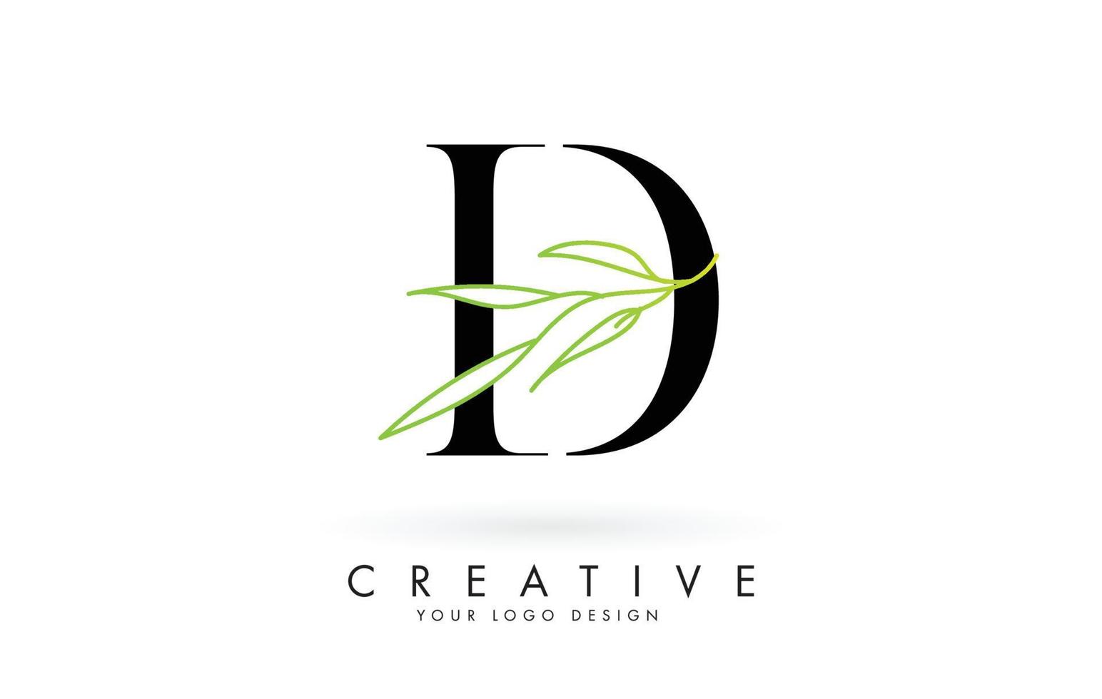 Elegant D letter logo design with long leaves branch vector illustration.