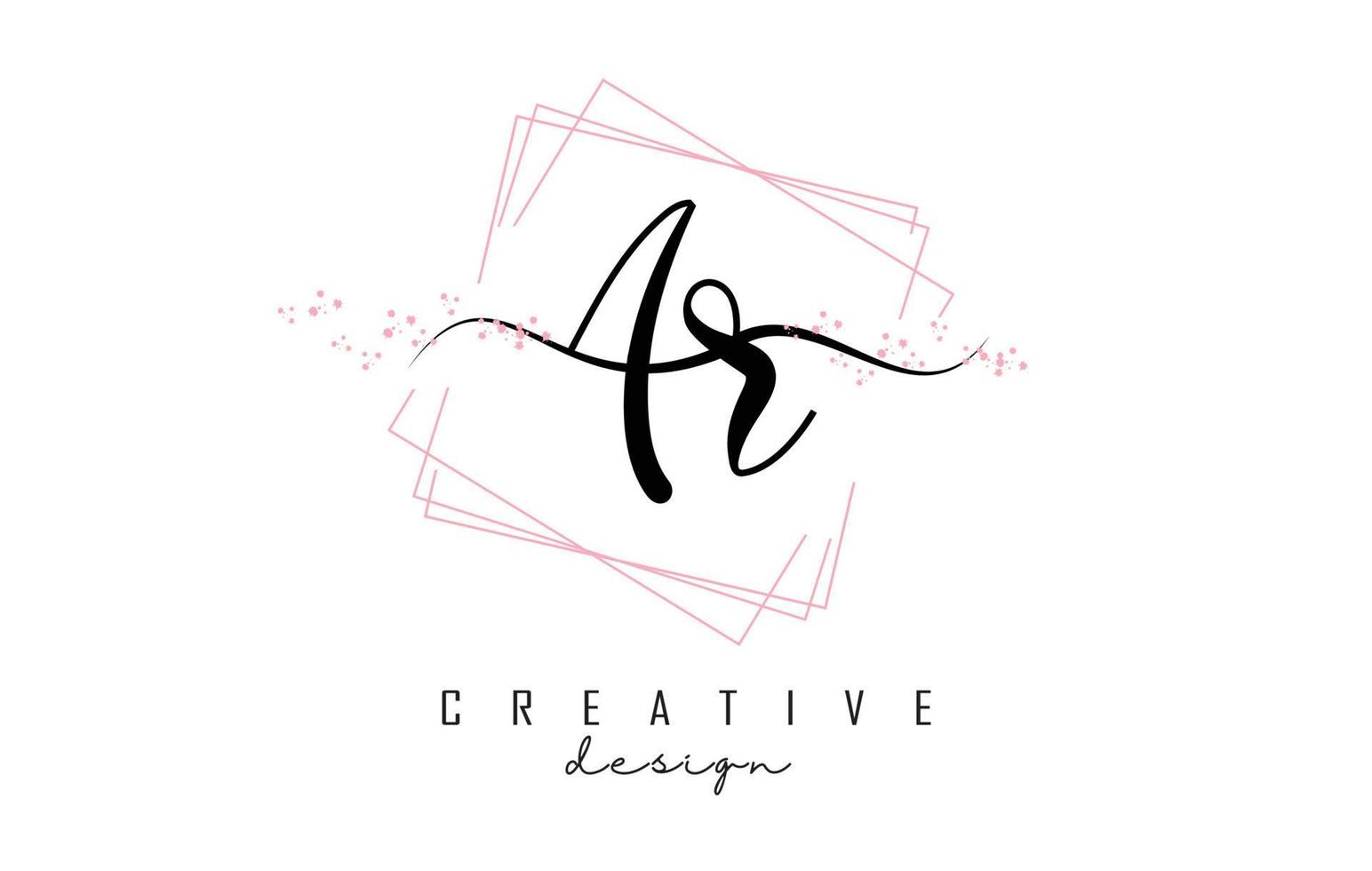 Logotipo de letras ar ar escrito a mano con cuadrados de color rosa brillante y brillo. vector