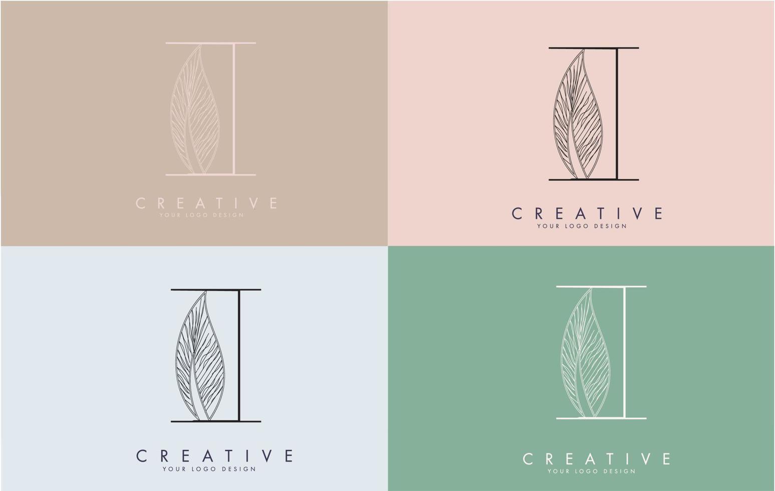 Outline Letter I Logo icon with Wired Leaf Concept Design on colorful backgrounds. vector