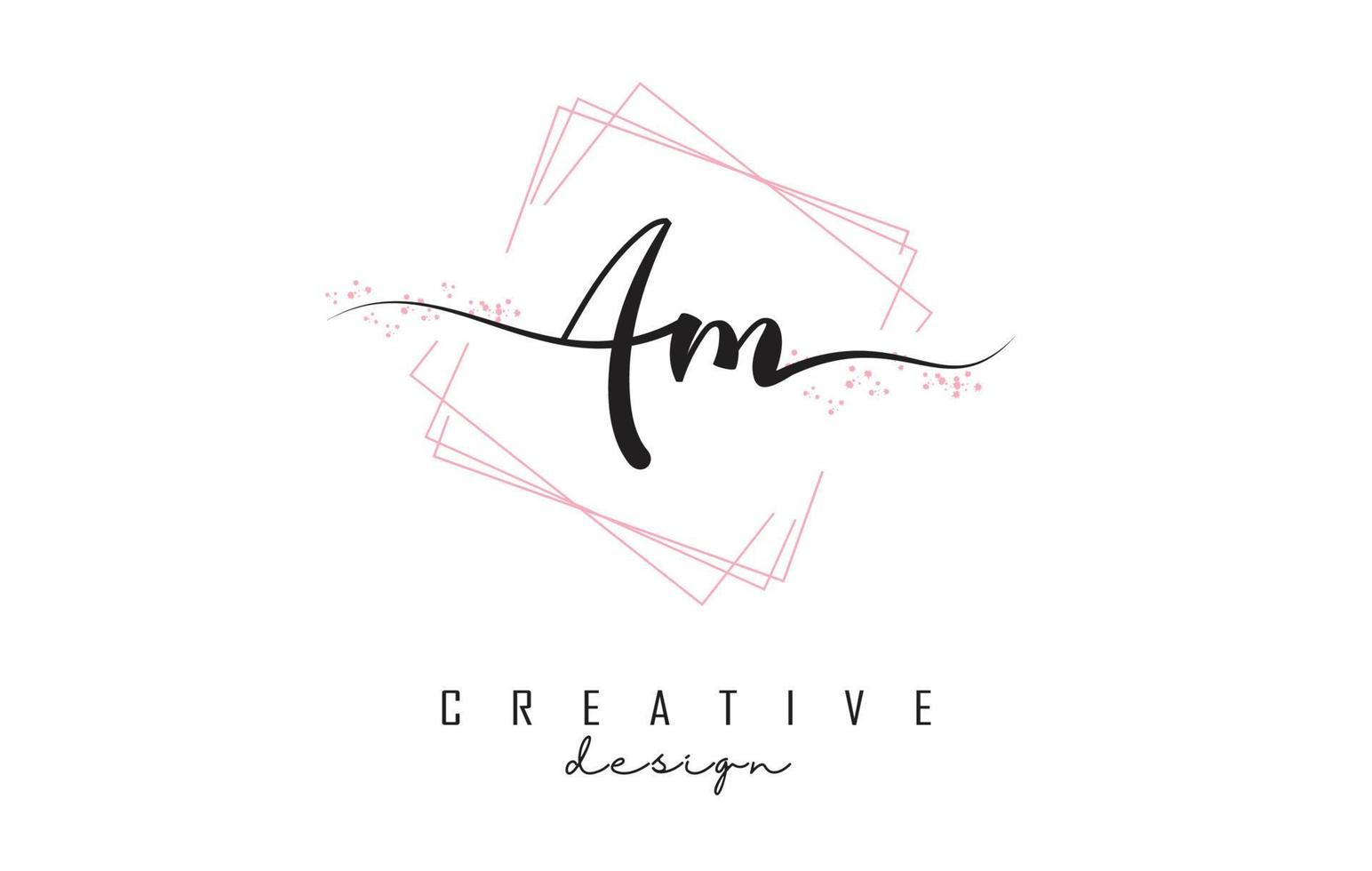 Handwritten AM a m letters logo with pink sparkling squares and glitter. vector