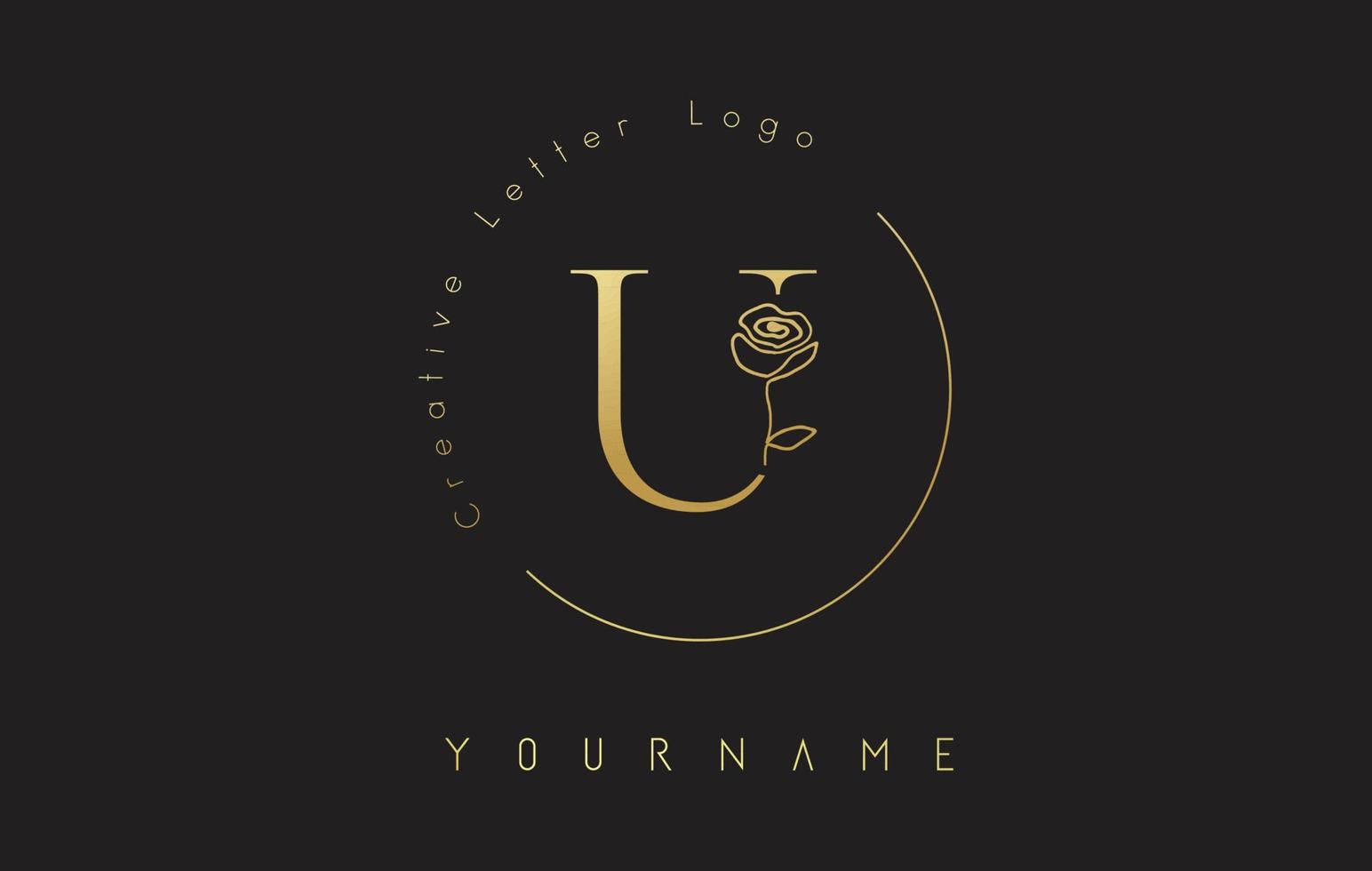 Logotipo creativo inicial de la letra u con círculo de letras y rosa dibujada a mano. elemento floral y elegante letra u. vector