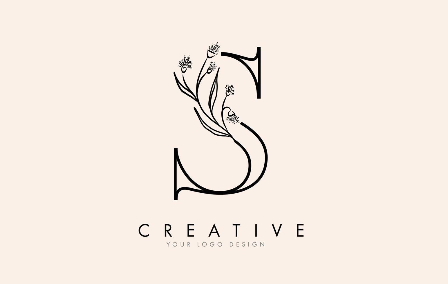 Black Outline S letter logo design with black flowers vector illustration.