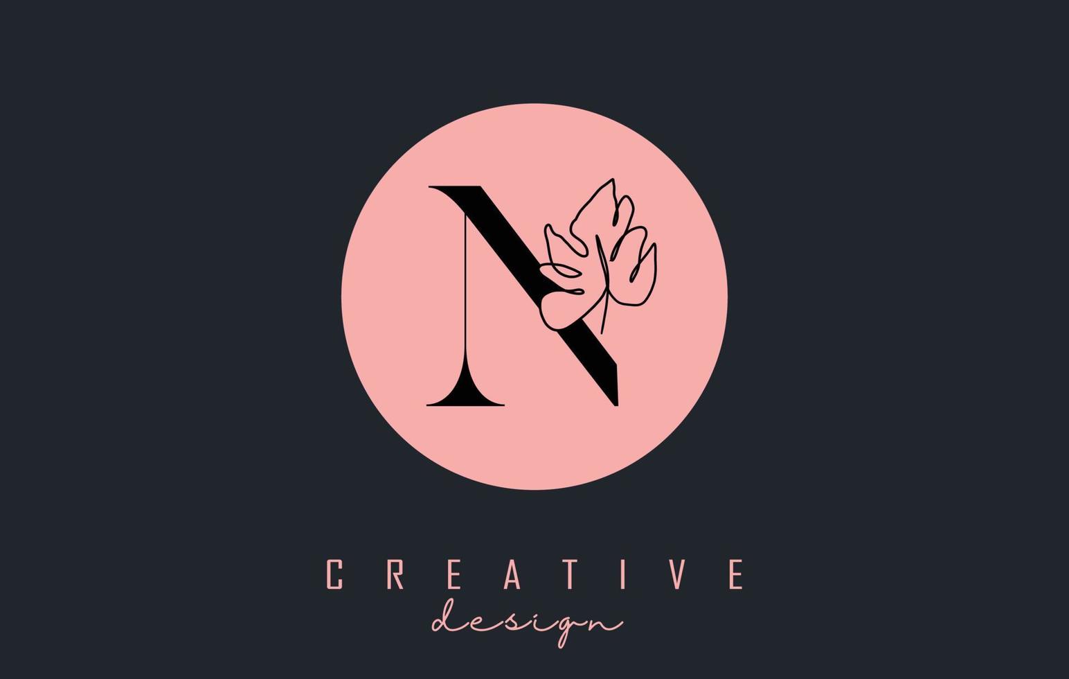 N letter logo design with Monstera leaf one line drawing on a pink circle background vector illustration.