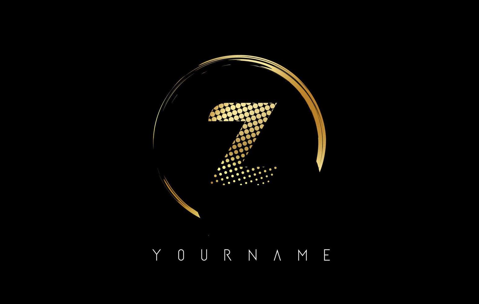 Golden Z letter logo design with golden dots and circle frame on black background. vector