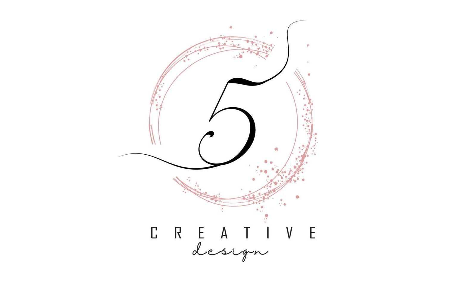 Handwritten 5 five number logo with dust pink sparkling circles and glitter. vector