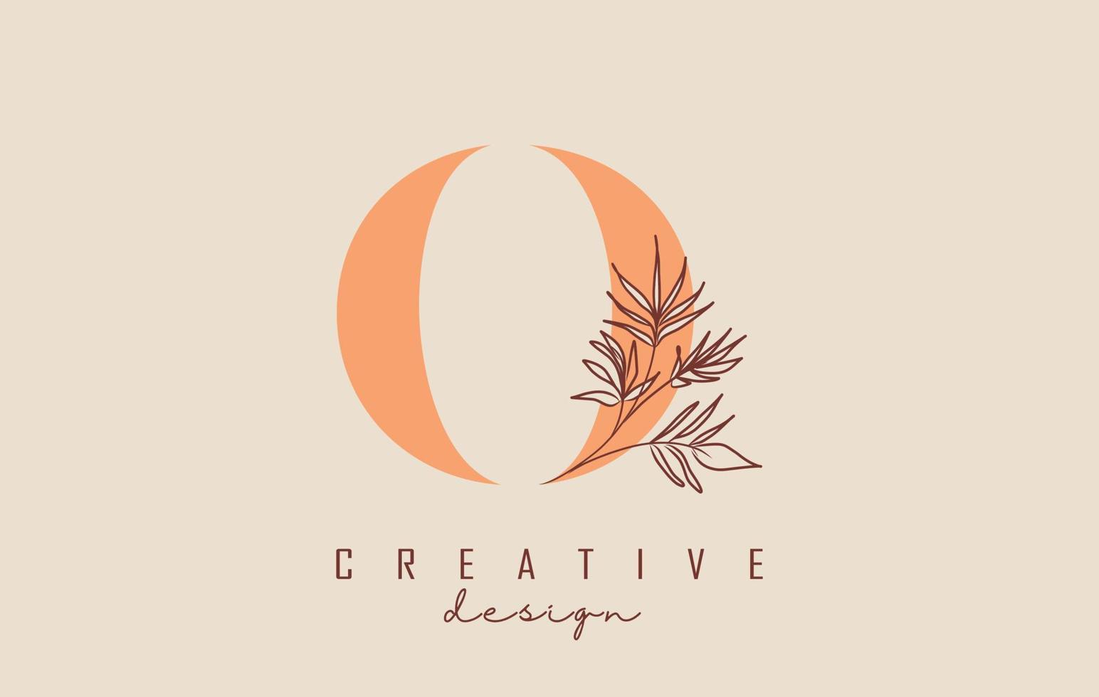 Orange shade O letter logo design with branch of leaves vector illustration.