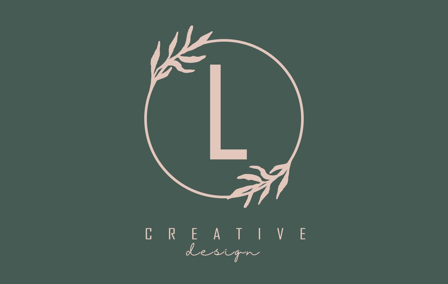 Logotipo de la letra l con marco de círculo y diseño de hojas en colores pastel. ilustración vectorial redondeada con letra l y hoja pastel. vector