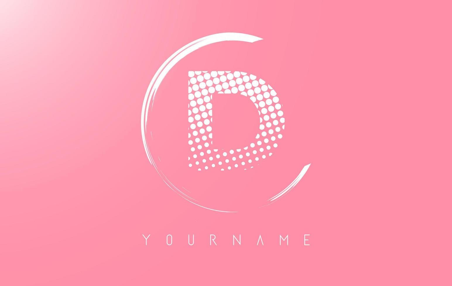 White D letter logo design with white dots and white circle frame on pink background. vector