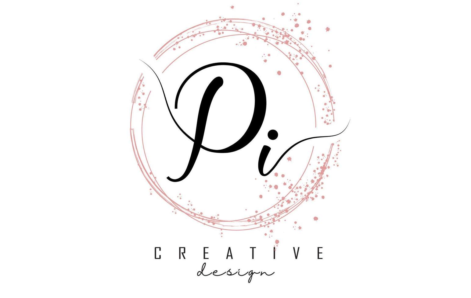 Handwritten Pi P i letter logo with sparkling circles with pink glitter. vector