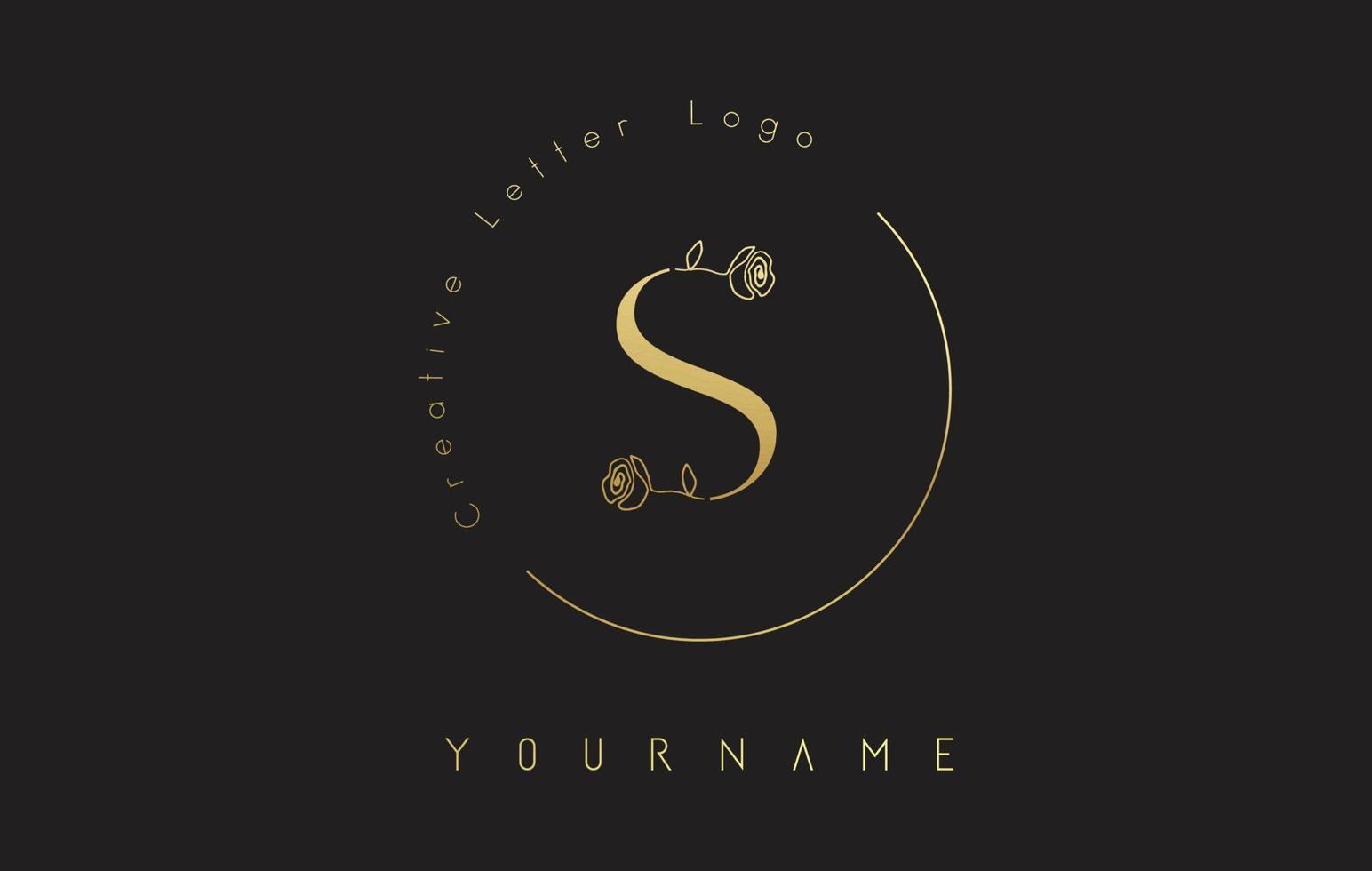 Golden Creative initial letter S logo with lettering circle and hand drawn rose. Floral element and elegant letter S. vector