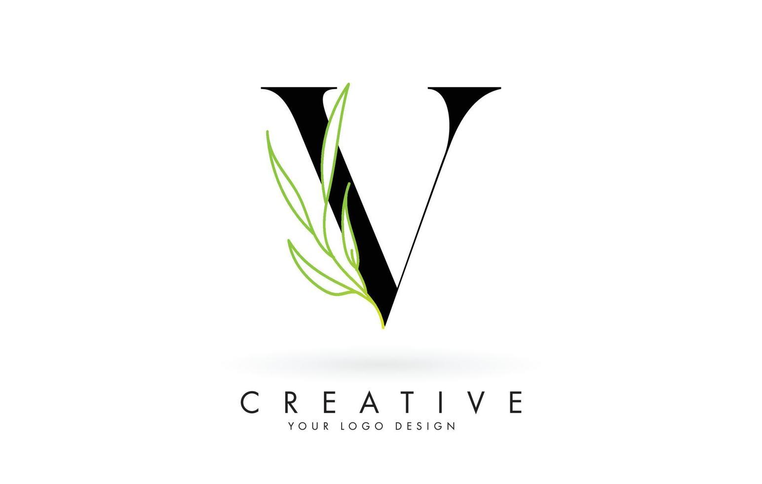 Elegant V letter logo design with long leaves branch vector illustration.