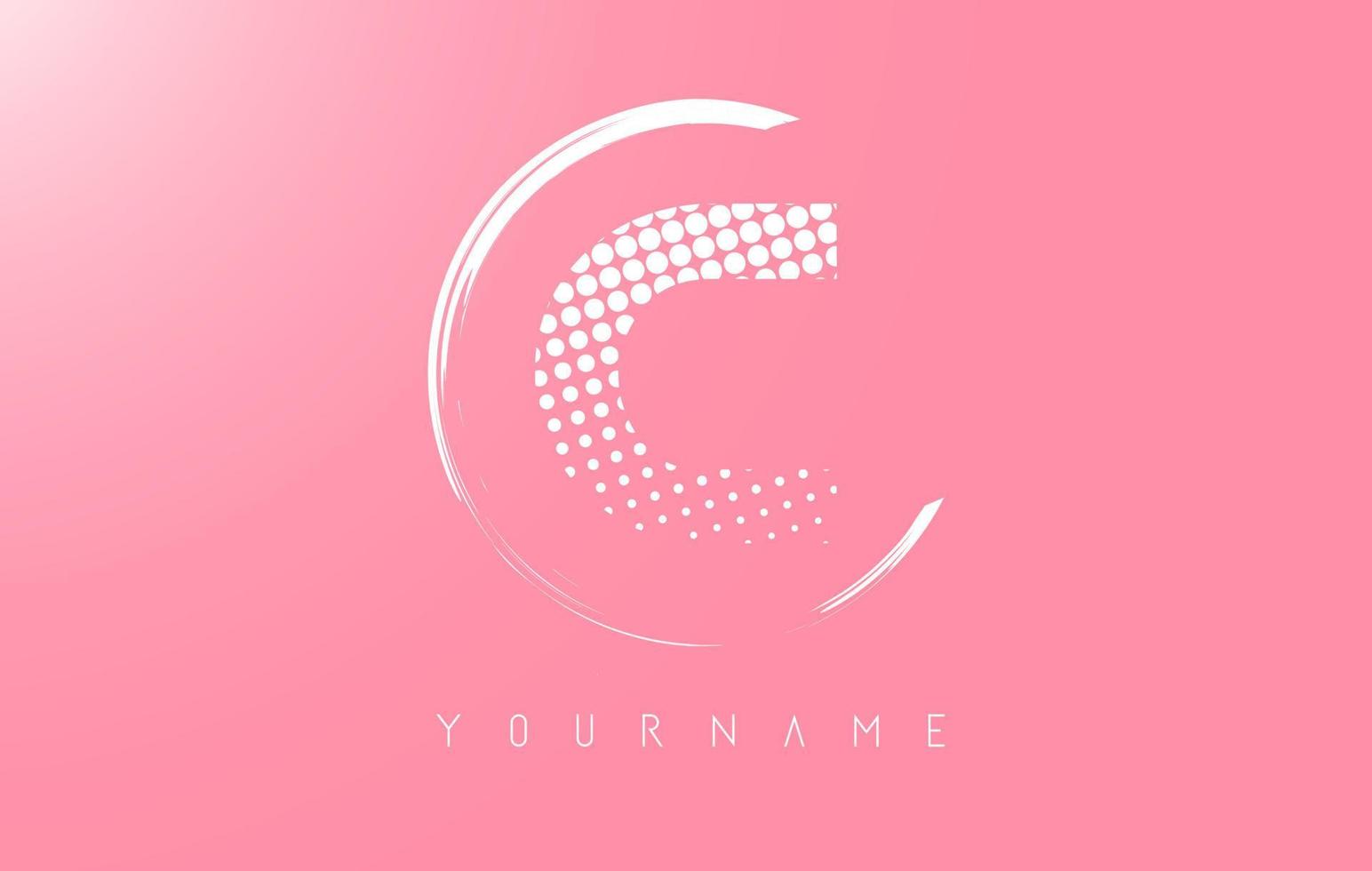 White C letter logo design with white dots and white circle frame on pink background. vector
