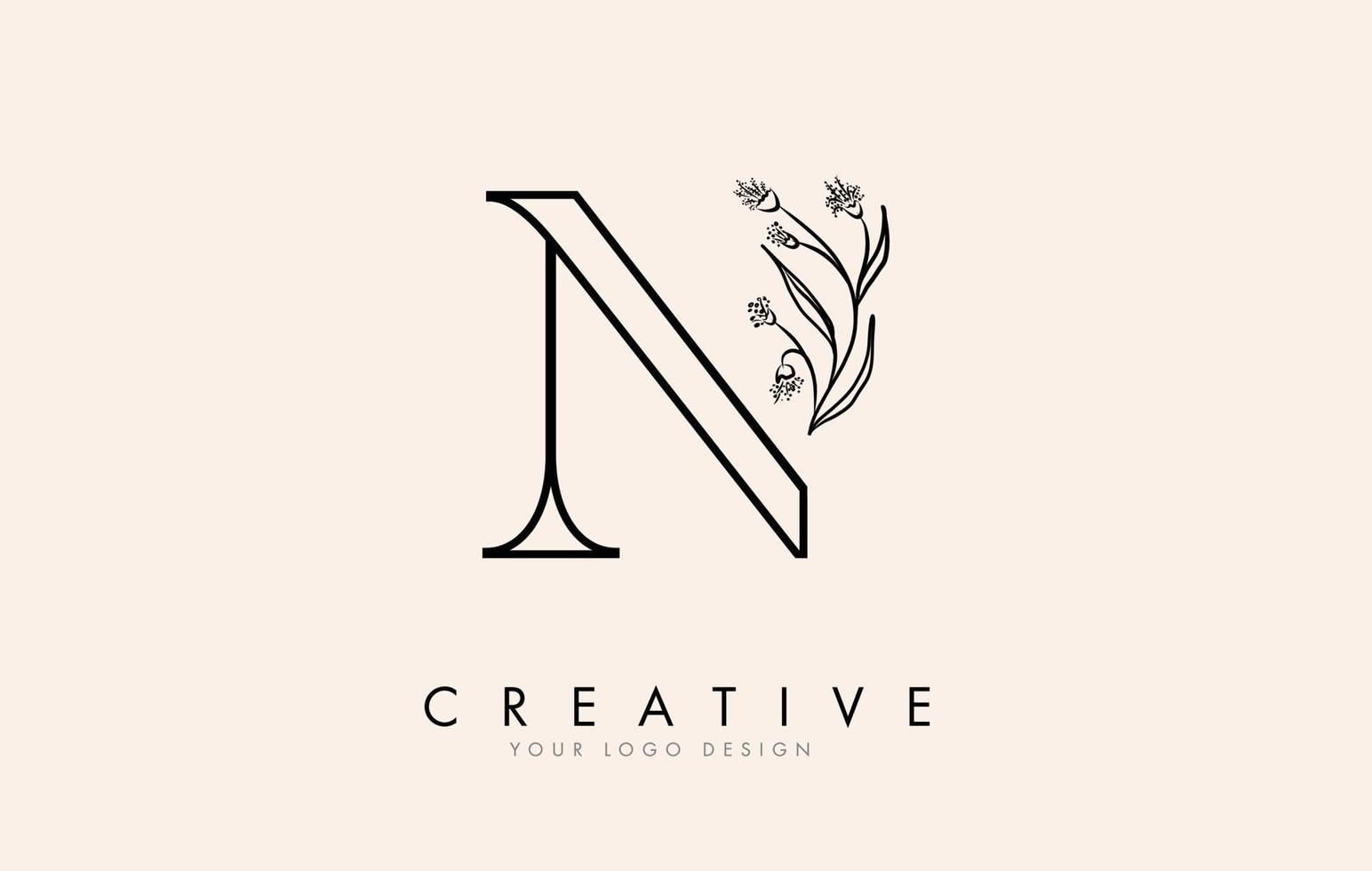 Black Outline N letter logo design with black flowers vector illustration.