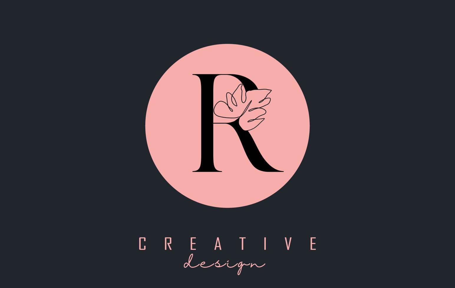 R letter logo design with Monstera leaf one line drawing on a pink circle background vector illustration.