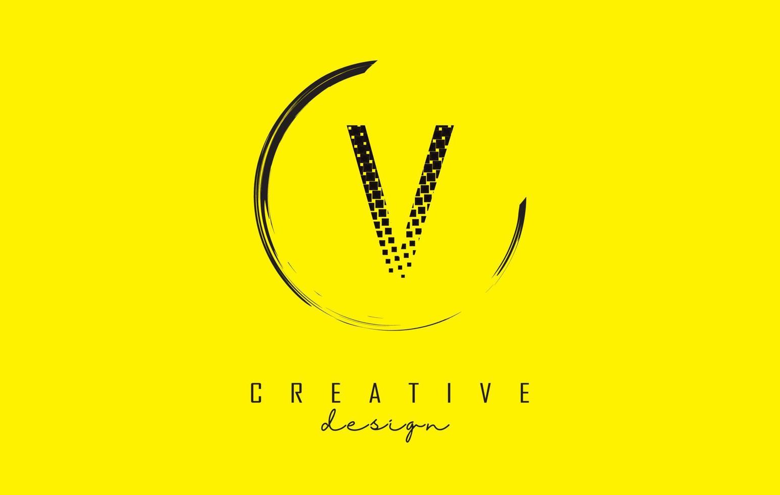 V letter logo design with black squares and circle frame on bright yellow background. vector