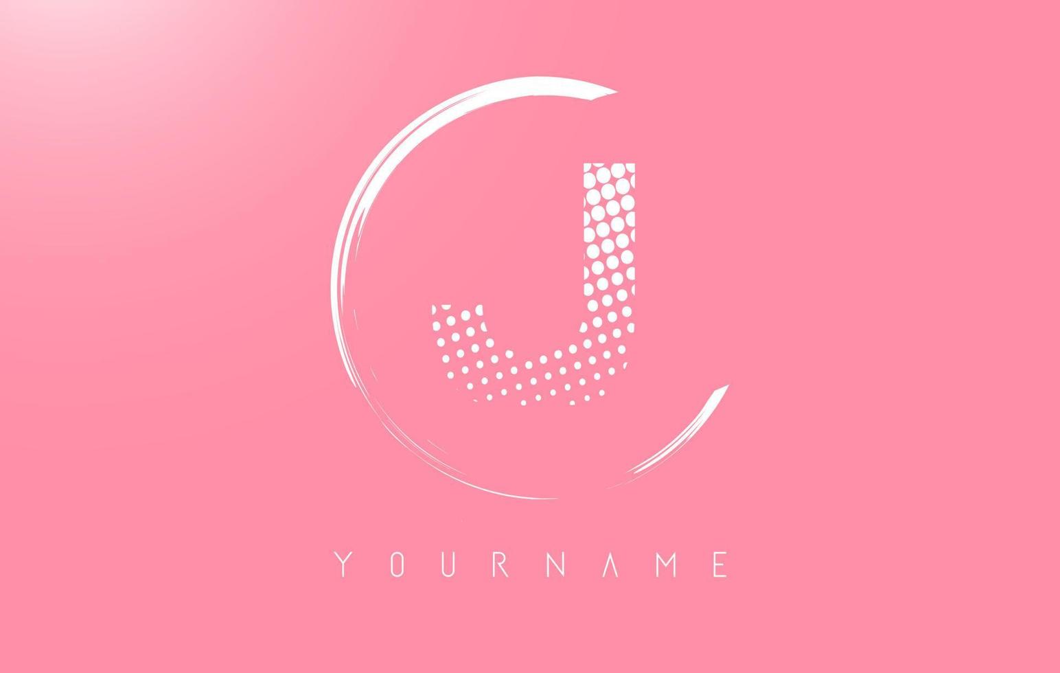 White J letter logo design with white dots and white circle frame on pink background. vector