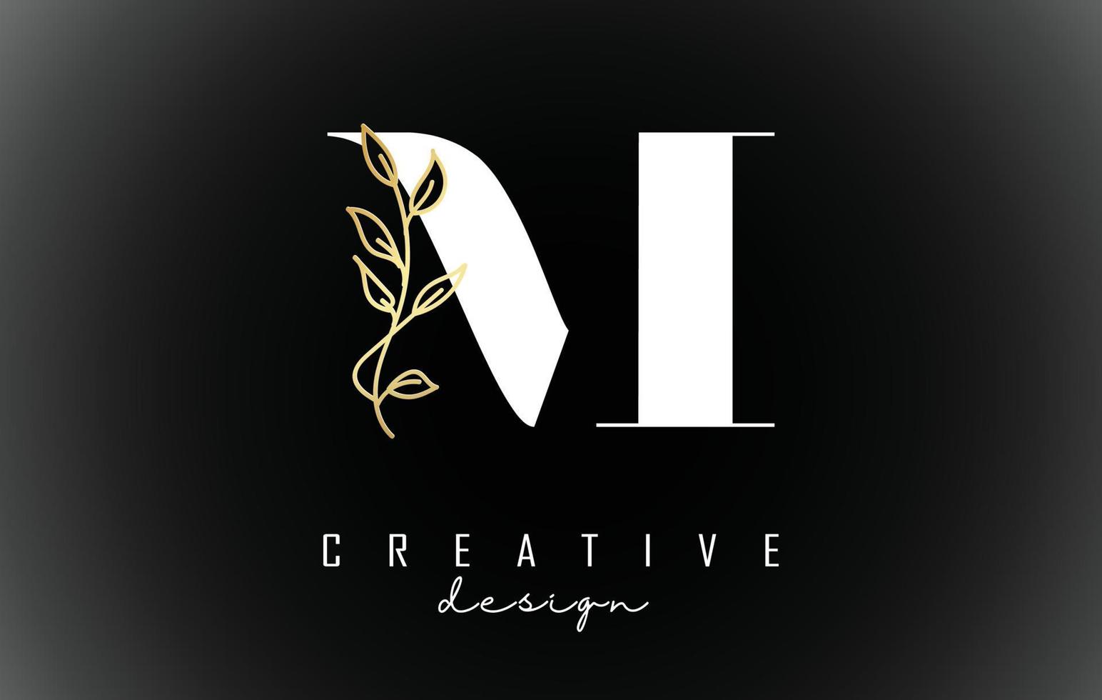 White M letter logo design with golden leaves branch vector illustration.