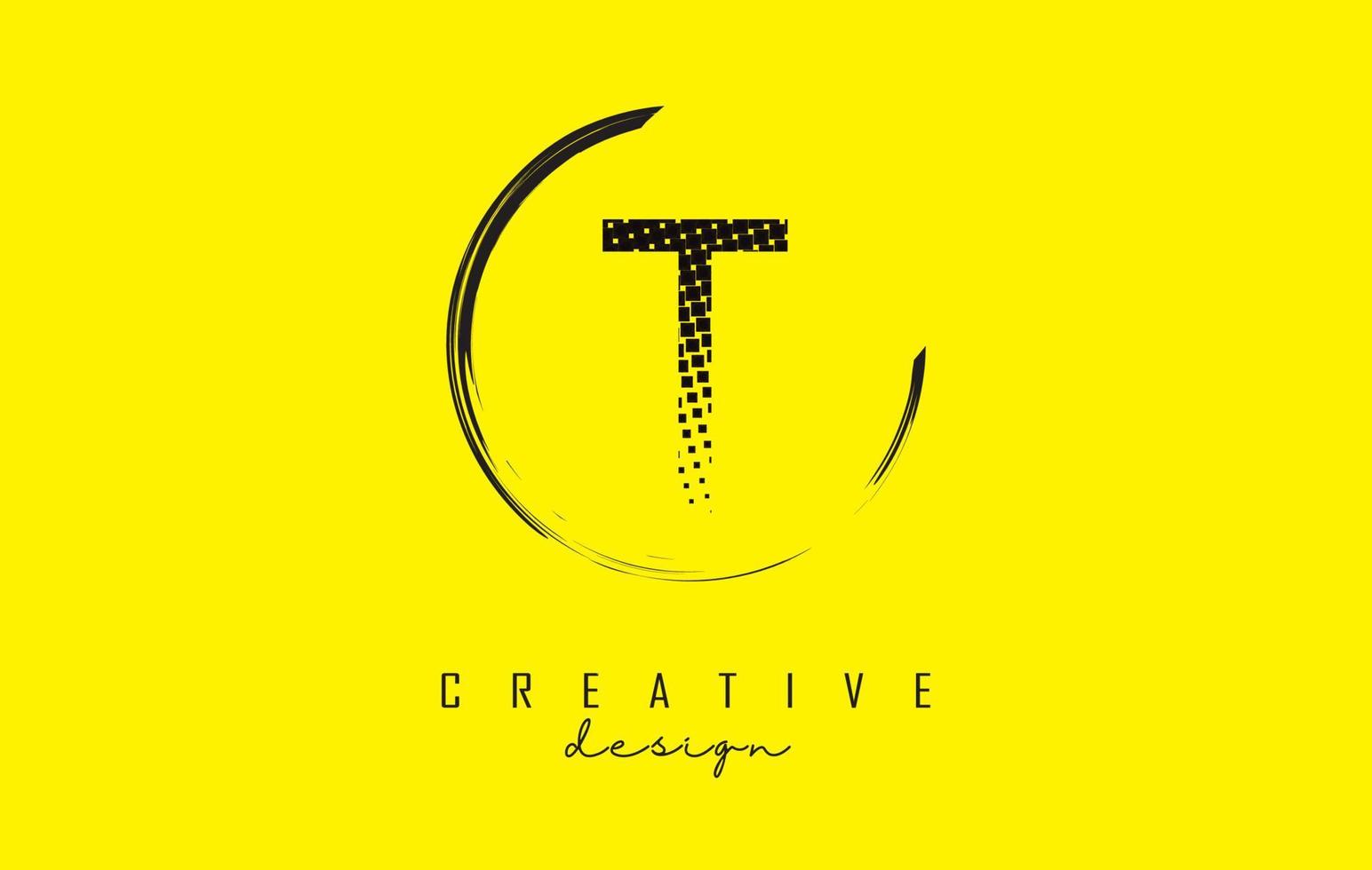 Diseño de logotipo de letra t con cuadrados negros y marco de círculo sobre fondo amarillo brillante. vector