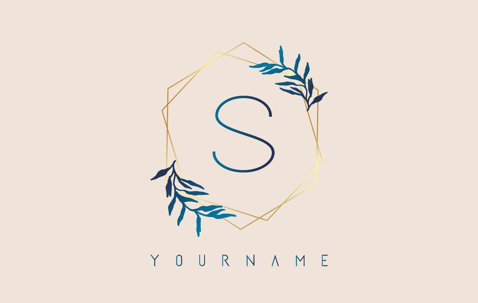 Letter S Logo with golden polygon frames and gradient blue leaves design. vector