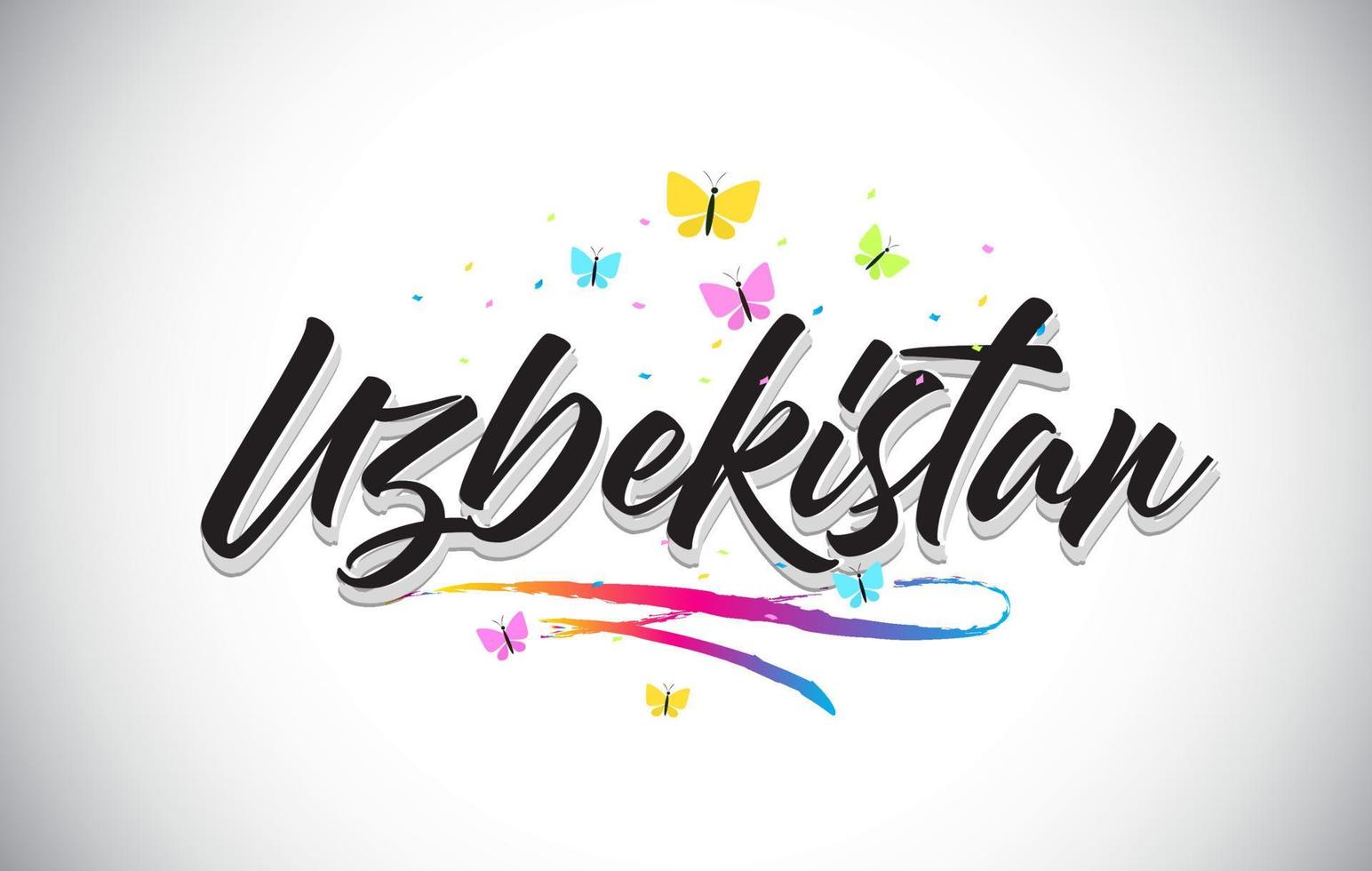 Uzbekistan Handwritten Vector Word Text with Butterflies and Colorful Swoosh.