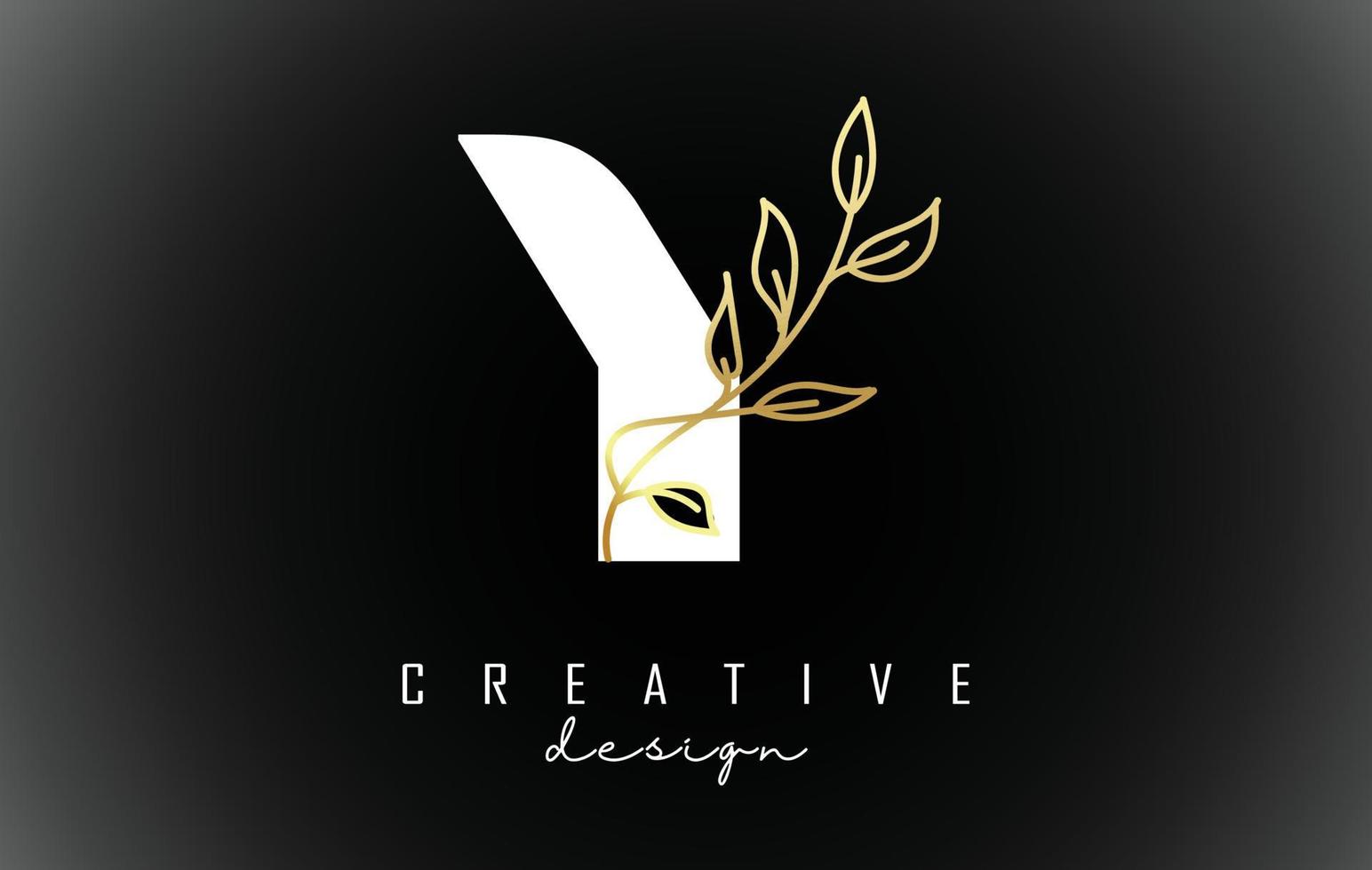 White Y letter logo design with golden leaves branch vector illustration.