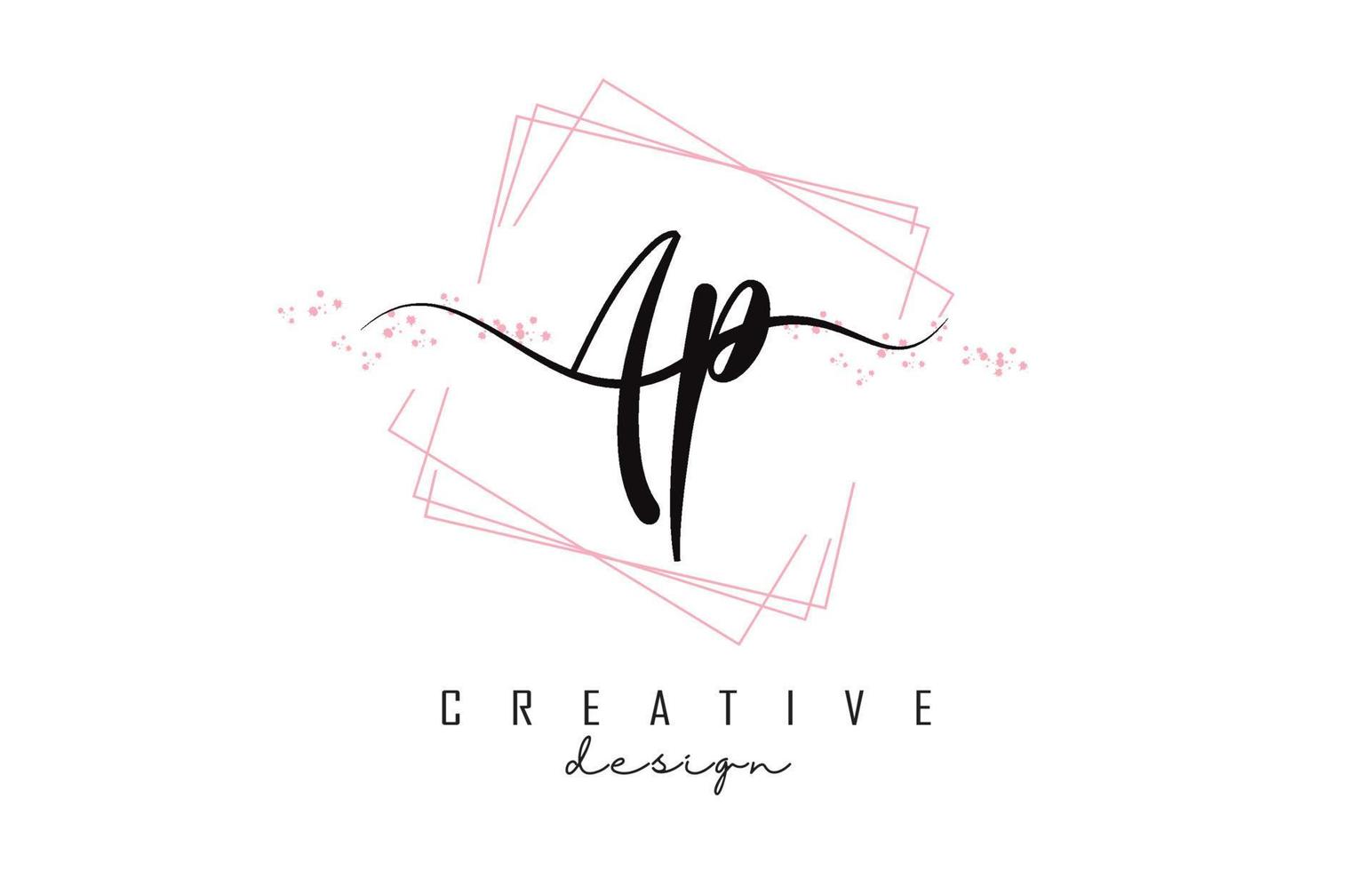 Handwritten AP a p letters logo with pink sparkling squares and glitter. vector