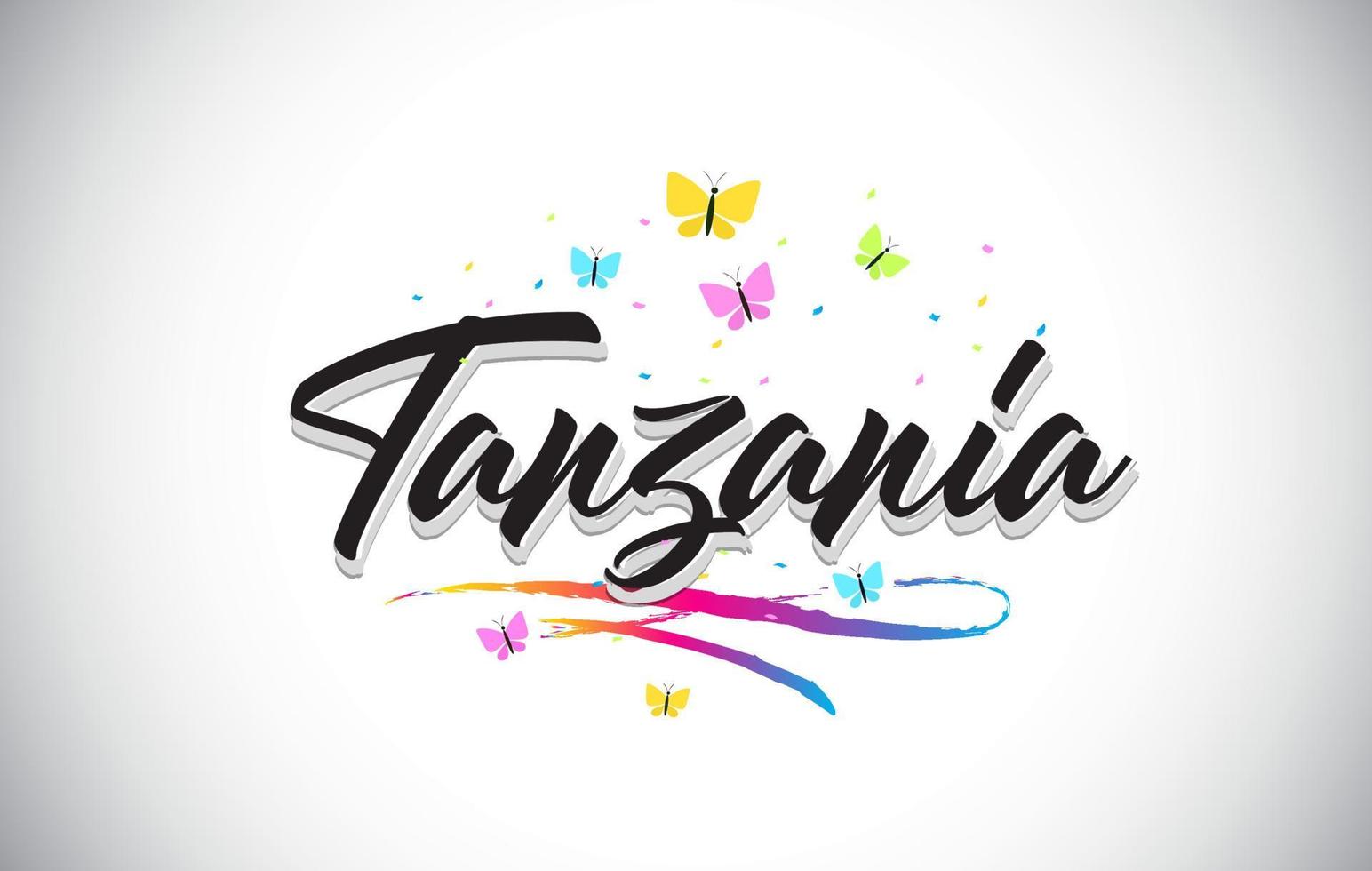 Tanzania Handwritten Vector Word Text with Butterflies and Colorful Swoosh.