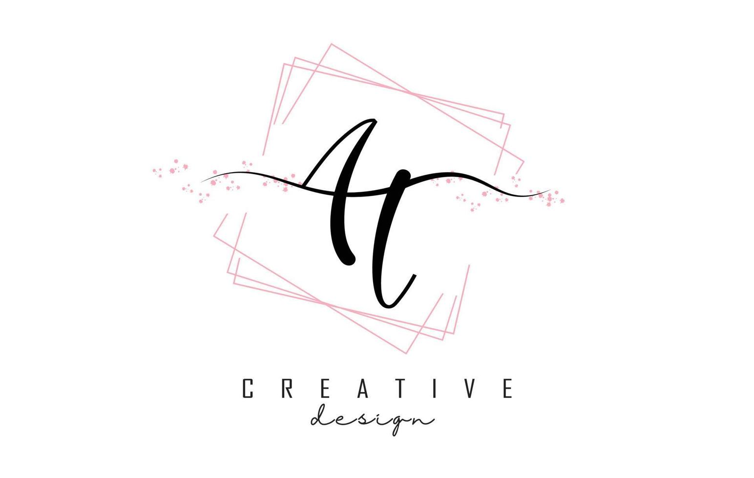 Handwritten AT a t letters logo with pink sparkling squares and glitter. vector