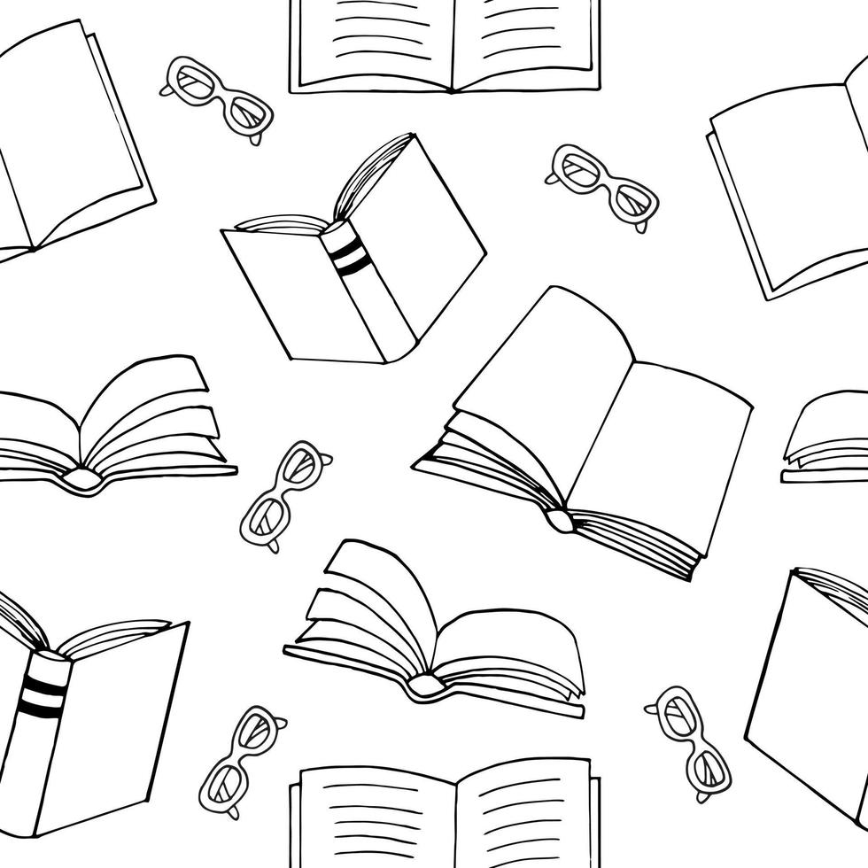 books and glasses seamless pattern. hand drawn doodle style. , minimalism, monochrome, sketch. wallpaper, textile, wrapping paper, background reading education bookstore science vector