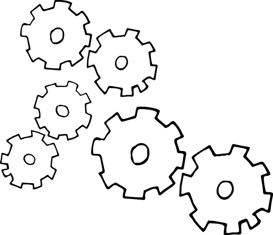 icono de engranajes, pegatina. bosquejo dibujado a mano estilo doodle. minimalismo monocromo. mecanismo, ingeniería técnica de la máquina vector