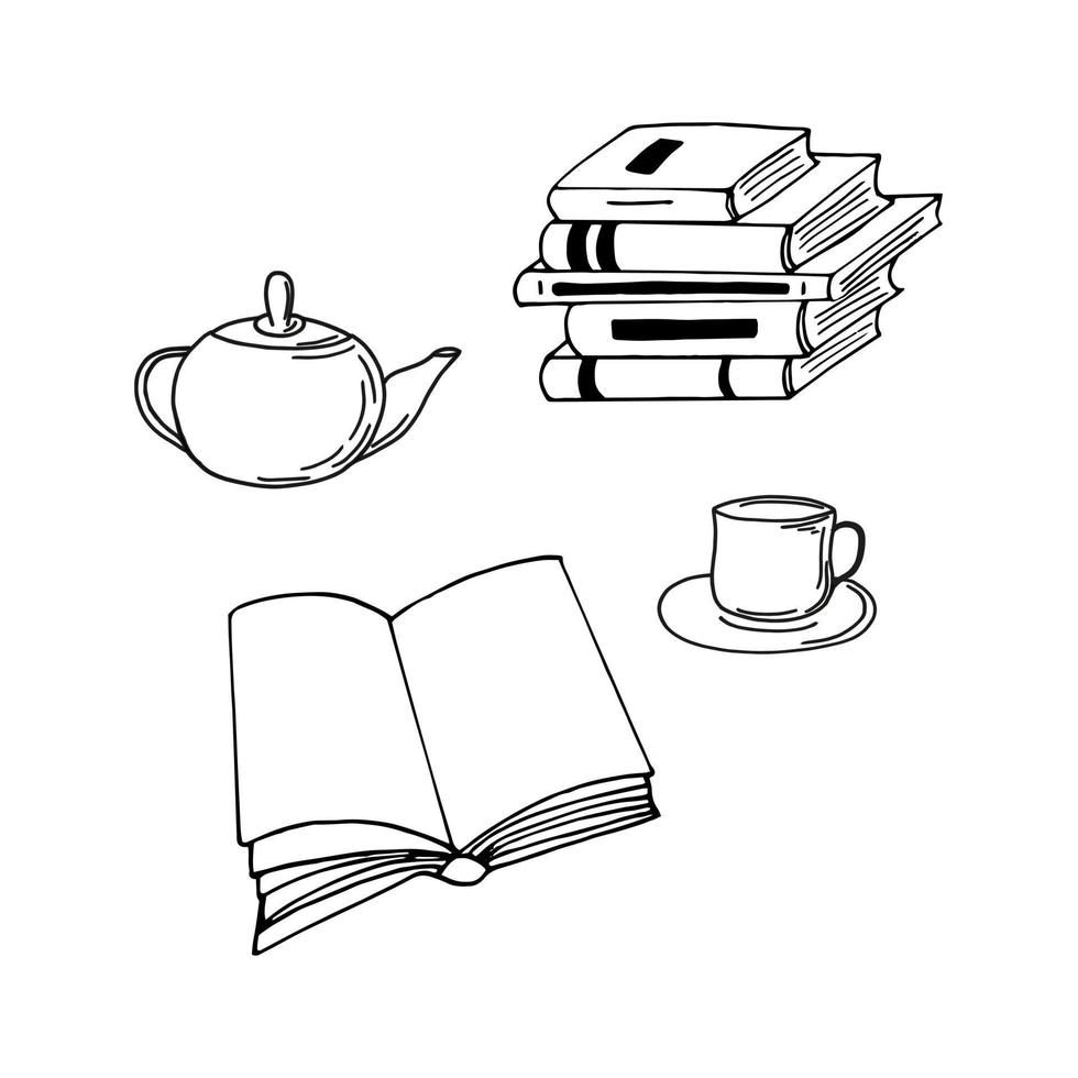 book is open, tea, teapot, cup, stack of books. reading concept. sketch hand drawn doodle style. vector, minimalism, monochrome. hobbies learning cozy home vector