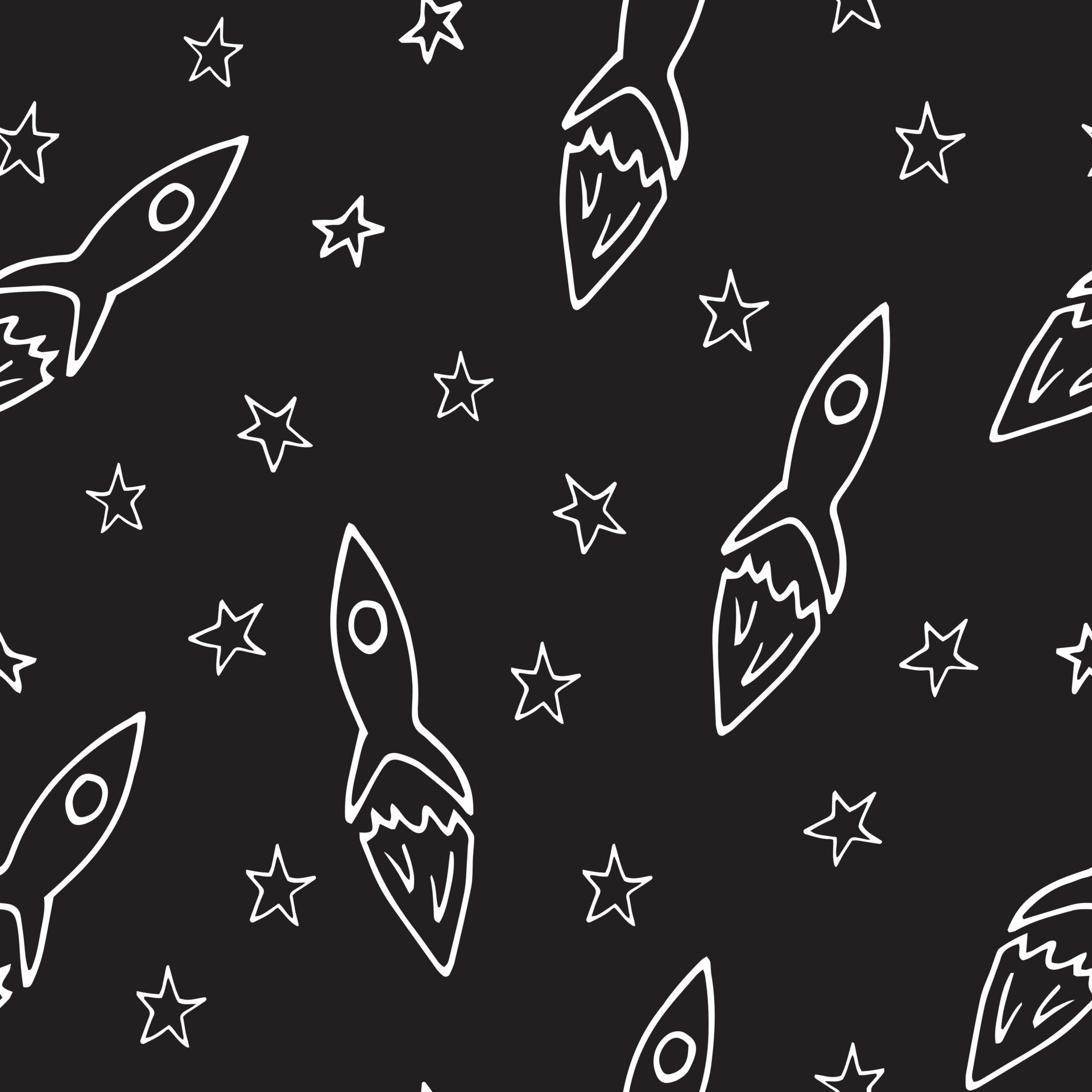 rocket flies among the stars seamless pattern. hand drawn doodle style.  monochrome, sketch. wallpaper, textiles, room decor, background for children,  boys. space, adventure simple naive childish 4933663 Vector Art at Vecteezy