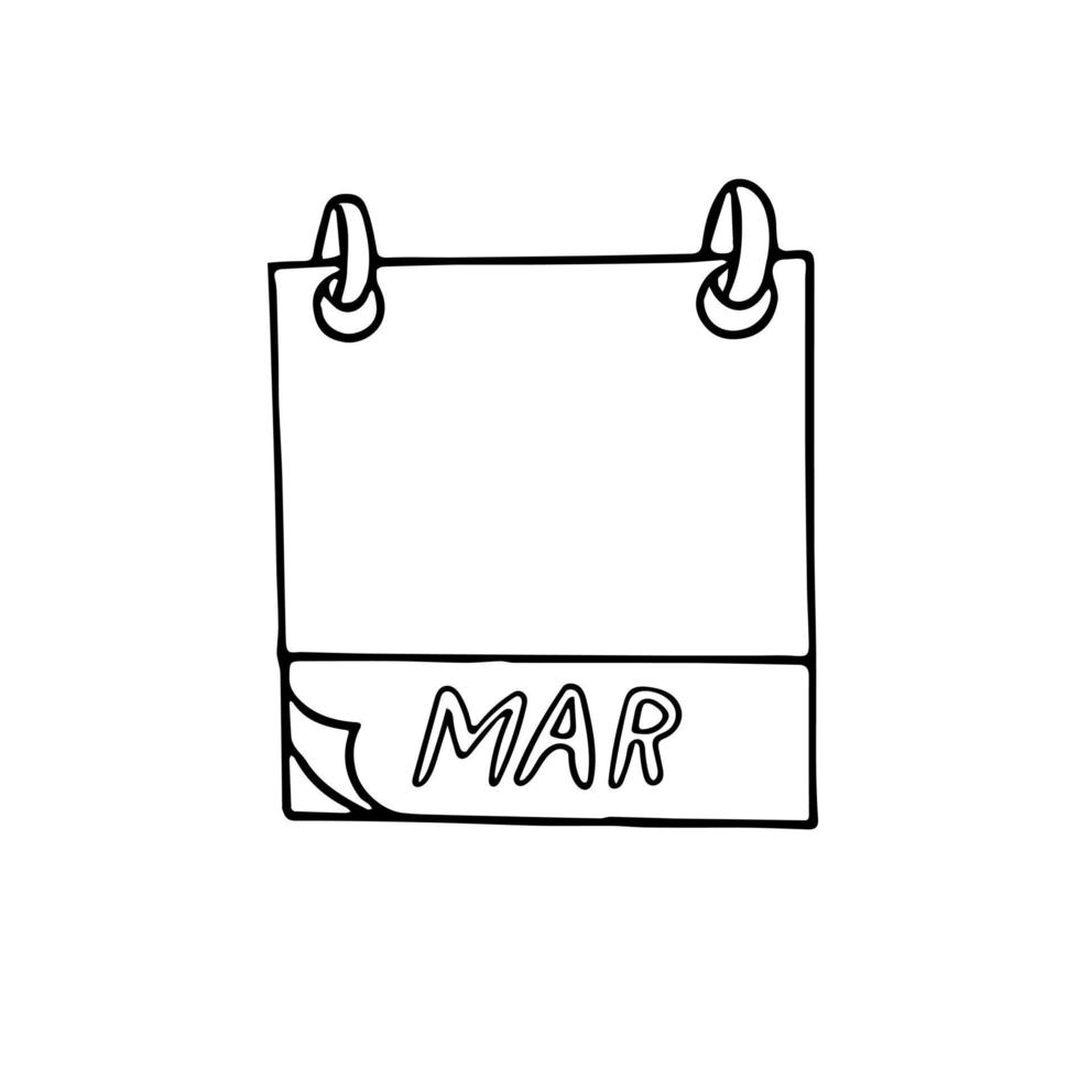 marzo mes calendario página dibujada a mano en estilo doodle. forro escandinavo simple. planificación, negocios, fecha, día. elemento único para icono de diseño, pegatina vector