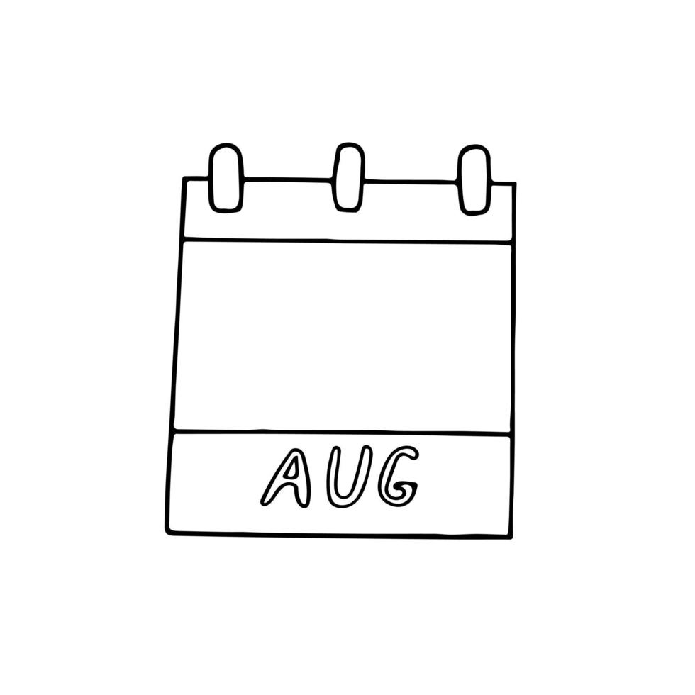 Mano de la página del calendario del mes de agosto dibujada en estilo doodle. forro escandinavo simple. planificación, negocios, fecha, día. elemento único para icono de diseño, pegatina vector