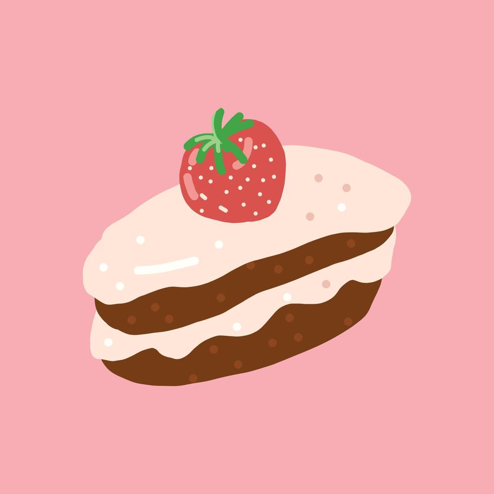 cake with cream and strawberry hand drawn. food, sweets, dessert, card sticker vector