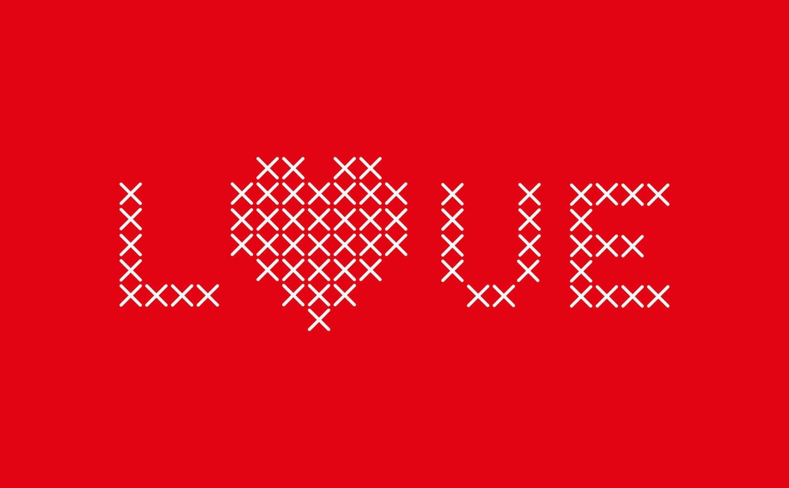 LOVE word with Heart shape icon. Cross Stitch Embroidery style. Vector illustration