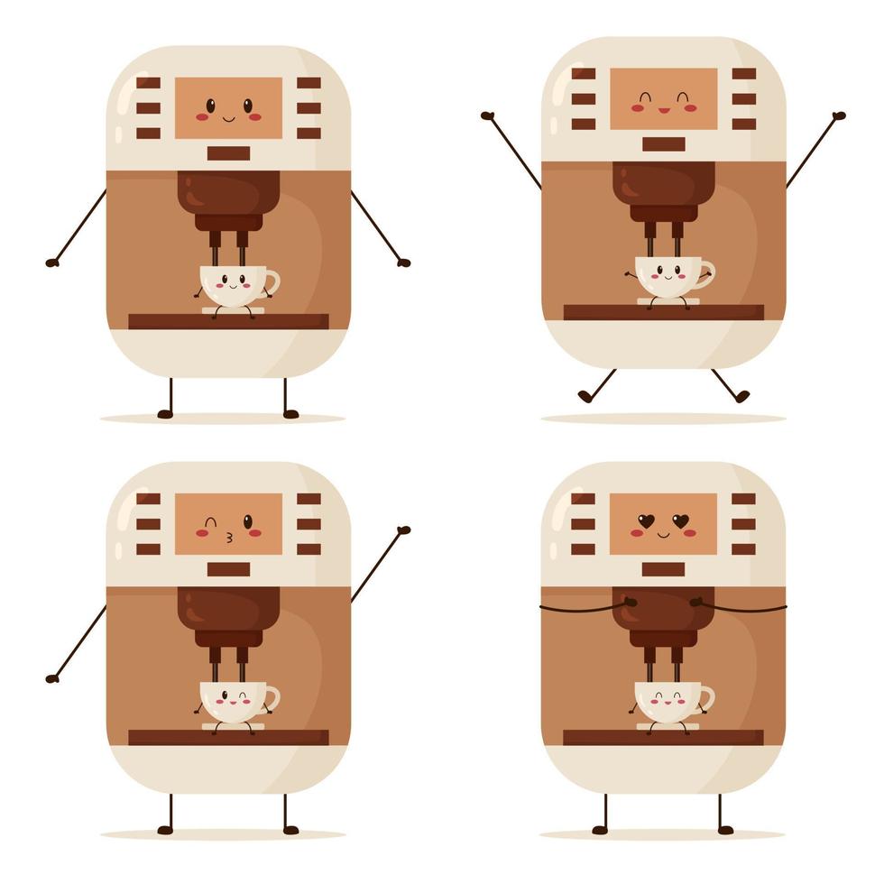 Set of cute coffee machine and cup character with different emotions. Flat vector illustration in cartoon style.